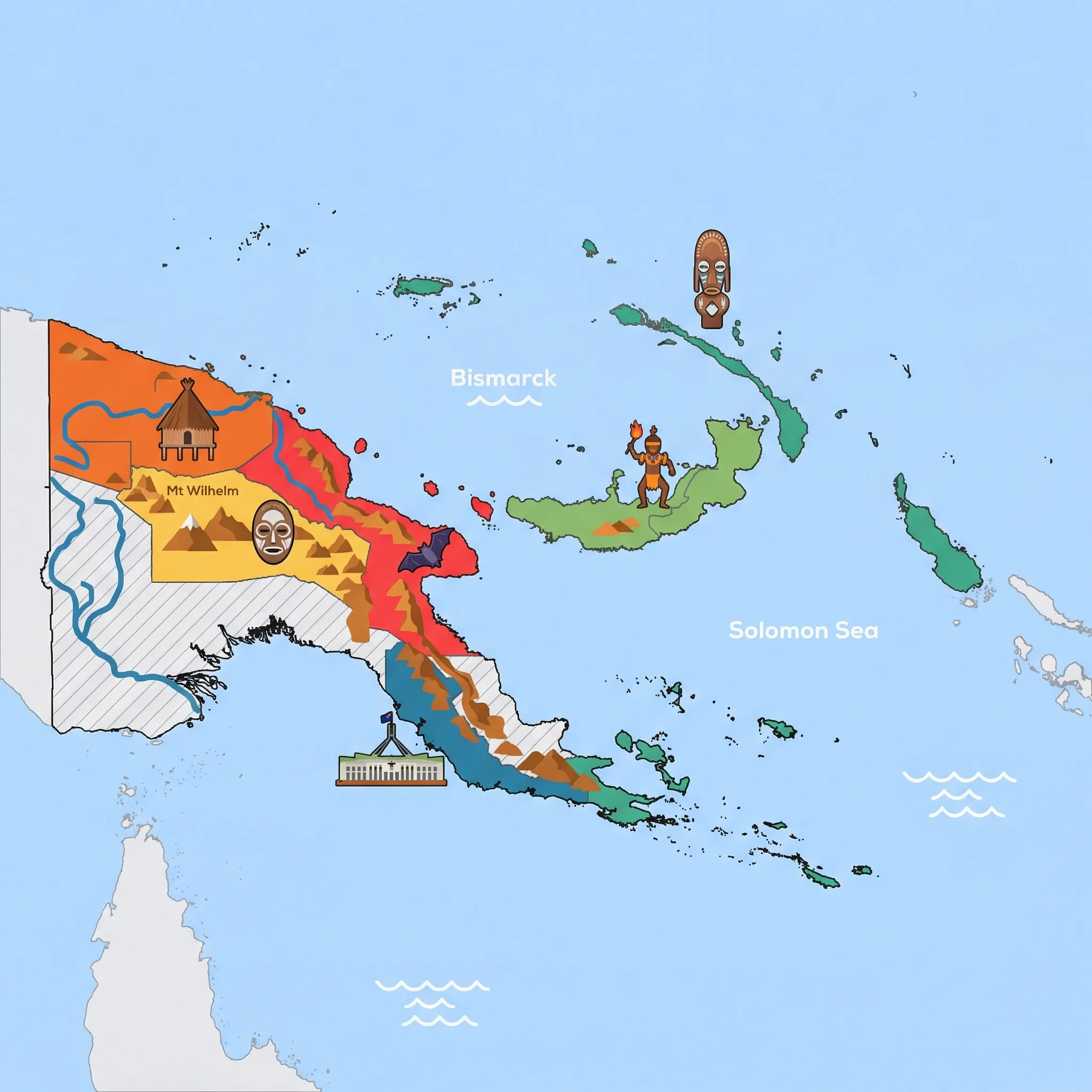 Colourful illustrated map of Papua New Guinea showing 6 tourist regions including Kokopo & East New Britain, Port Moresby & Central, and Highlands (Goroka, Mt Hagen), decorated with iconic landmarks like Baining Fire Dancer, National Parliament House, Asaro Mudman Mask, Malagan Carving, and Flying Fox, with geographic features including Sepik River, Fly River, Owen Stanley Range, and Bismarck Range.