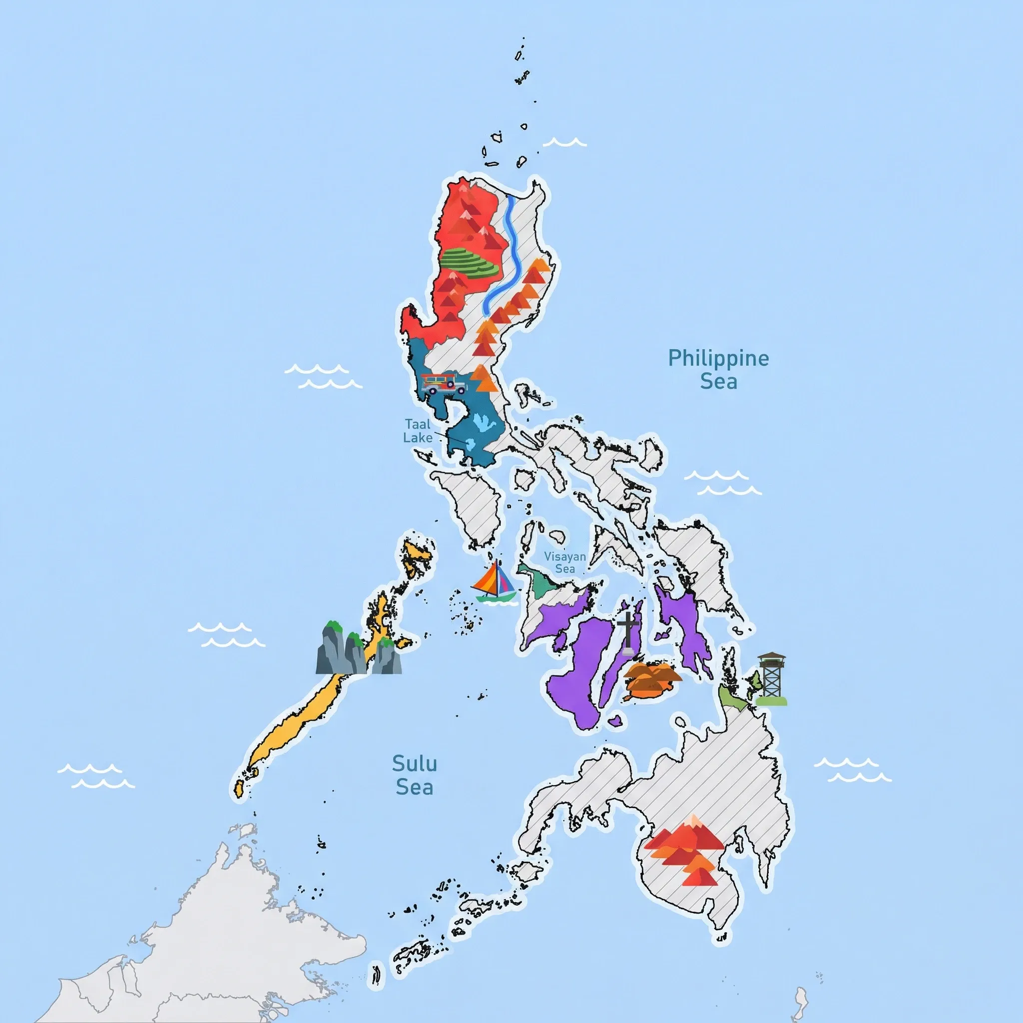 Colourful illustrated map of Philippines showing 7 tourist regions including Palawan (El Nido, Coron), Boracay, and Northern Luzon (Banaue, Sagada), decorated with iconic landmarks like Limestone Karst Cliffs, Paraw Sailboat, Banaue Rice Terraces, Chocolate Hills, and Cloud 9 Surf Tower, with geographic features including Sierra Madre Mountains, Cordillera Central, Cagayan River, and Taal Lake.