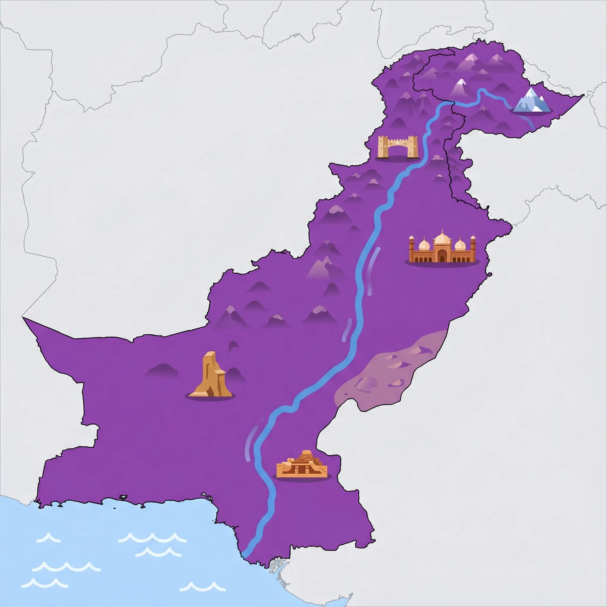 Colourful illustrated map of Pakistan showing 5 tourist regions including Balochistan (restricted), Islamabad & Punjab (Lahore), and Karakoram & Northern Areas (Hunza, Gilgit), decorated with iconic landmarks like Princess of Hope Rock Formation, Badshahi Mosque, K2 Mountain Peak, Mohenjo-Daro Ruins, and Bab-e-Khyber Gateway, with geographic features including Indus River, Karakoram Range, Hindu Kush, and Thar Desert.