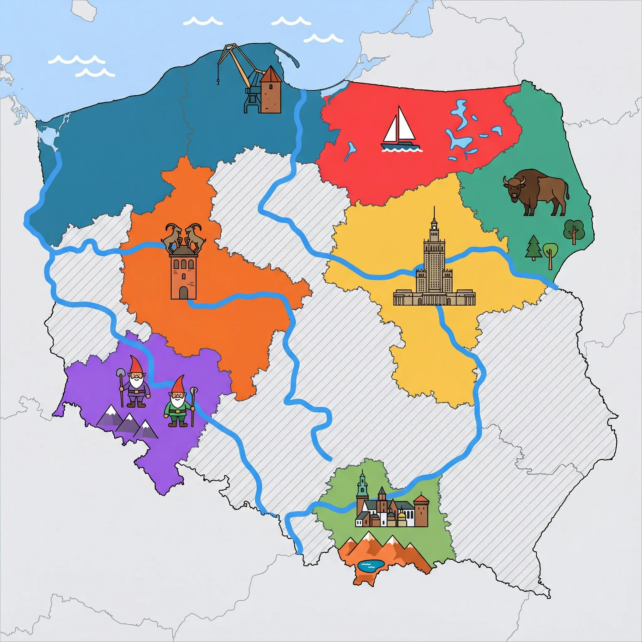 Colourful illustrated map of Poland showing 8 tourist regions including Warsaw, Kraków & Małopolska, and Gdańsk & Baltic Coast (Tricity, Sopot), decorated with iconic landmarks like Palace of Culture and Science, Wawel Castle, Gdańsk Crane, White Sailboat, and Wrocław Dwarves, with geographic features including Baltic Sea, Vistula River, Tatra Mountains, and Masurian Lake District.