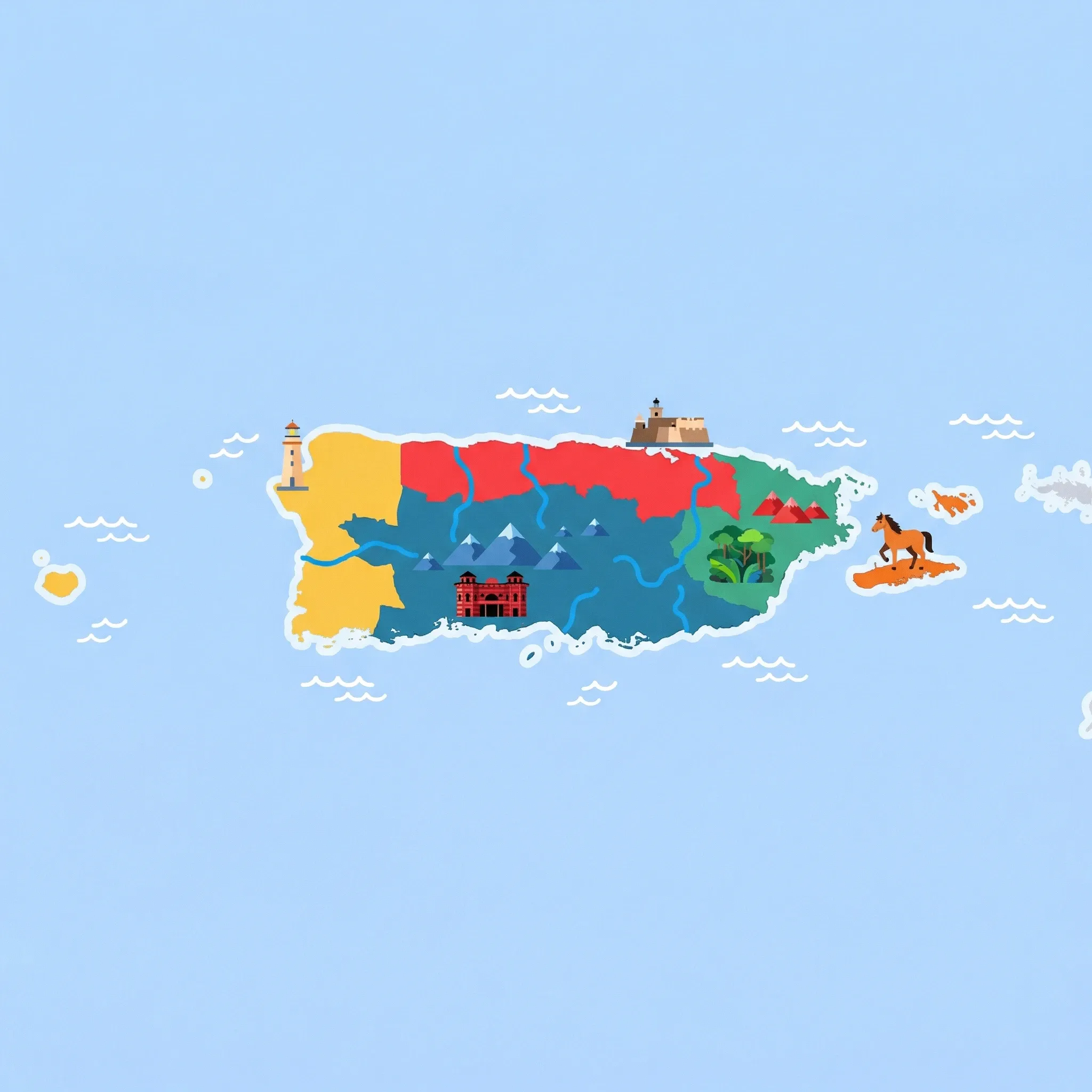 Colourful illustrated map of Puerto Rico showing 5 tourist regions including San Juan & Metro, Rincón & West (surfing), and El Yunque & East, decorated with iconic landmarks like Castillo San Felipe del Morro, Los Morrillos Lighthouse, El Yunque Tropical Rainforest, Wild Horse of Vieques, and Parque de Bombas, with geographic features including Cordillera Central, El Yunque National Forest, Caribbean Sea, and Atlantic Ocean.