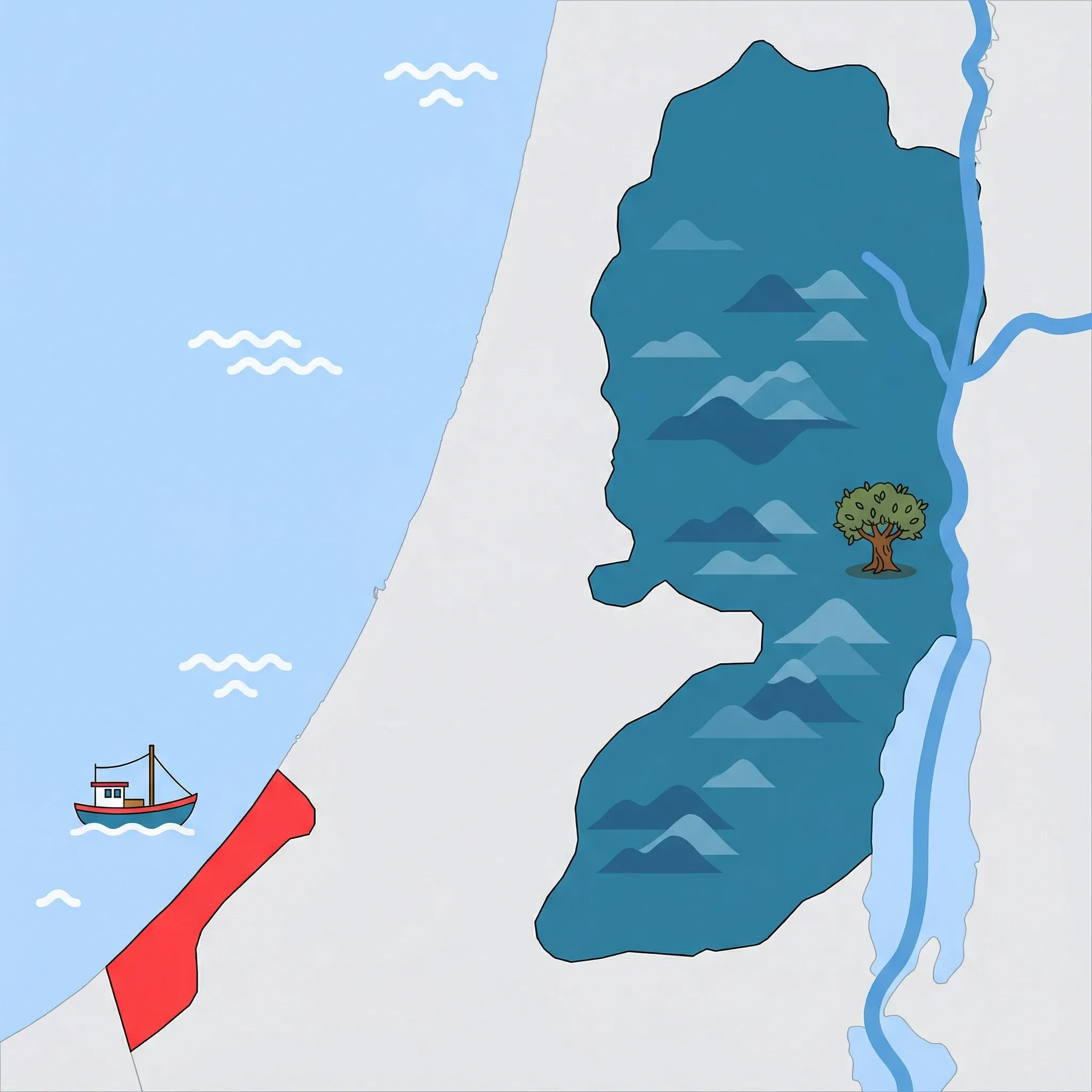 Colourful illustrated map of Palestine showing 2 tourist regions including Gaza Strip (currently not accessible), West Bank (Bethlehem, Ramallah, Hebron), decorated with iconic landmarks like Traditional Mediterranean Fishing Boat and Ancient Olive Tree, with geographic features including Mediterranean Sea, Jordan River, Dead Sea, and Judean Hills.