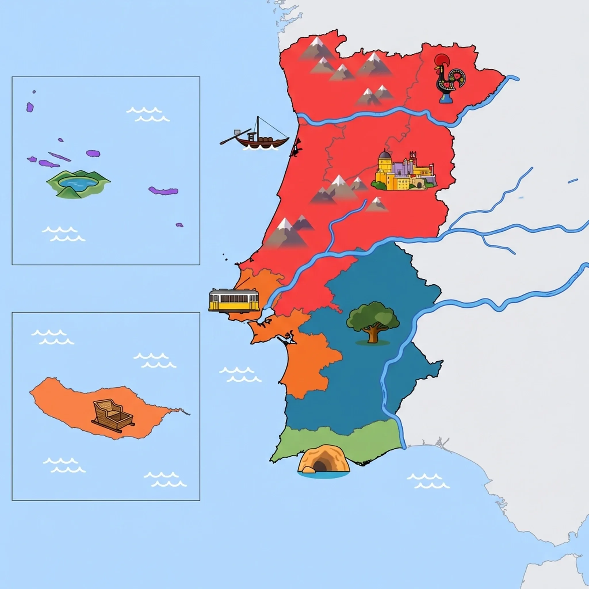 Colourful illustrated map of Portugal showing 8 tourist regions including Northern Portugal (Minho, Peneda-Gerês), Central Portugal (Coimbra, Sintra), and Azores, decorated with iconic landmarks like Rooster of Barcelos, Pena Palace, Sete Cidades Crater Lake, Port Wine Rabelo Boat, and Cork Oak Tree, with geographic features including Tagus River, Douro River, Serra da Estrela, and Guadiana River.