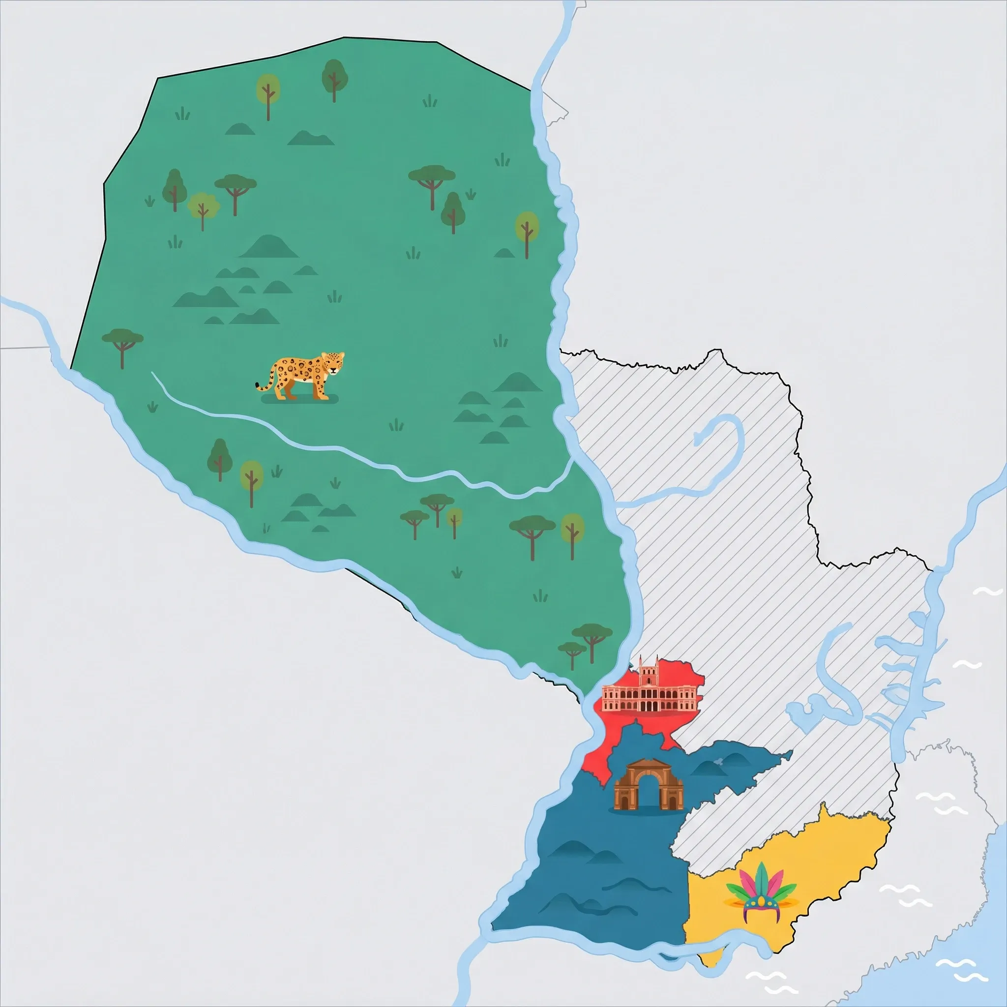 Colourful illustrated map of Paraguay showing 4 tourist regions including Encarnación (Carnival), Asunción, and Jesuit Missions & South, decorated with iconic landmarks like Carnival Headdress, Palacio de López, Jesuit Mission Archway, and Jaguar, with geographic features including Paraguay River, Paraná River, Gran Chaco, and Lake Ypacaraí.