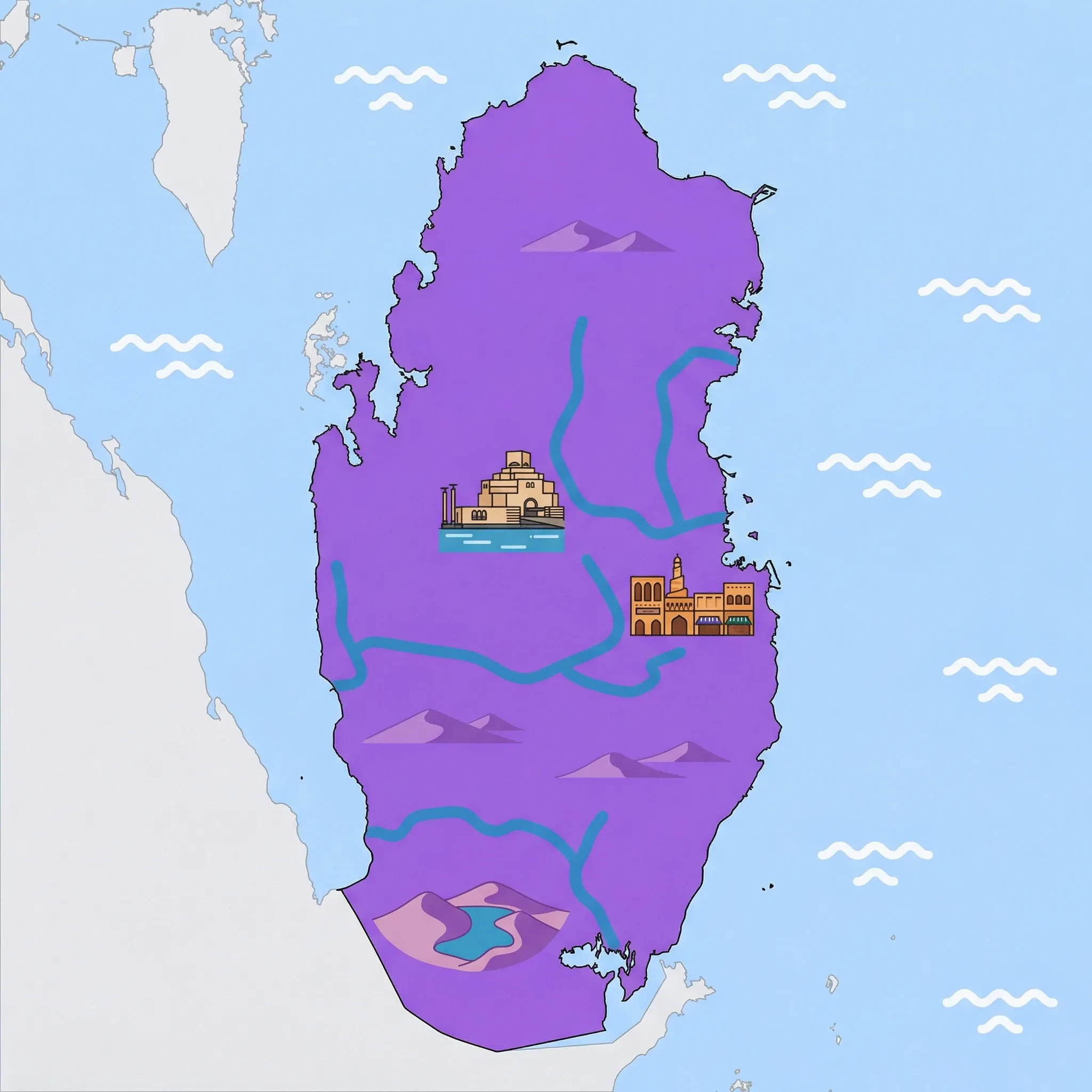 Colourful illustrated map of Qatar showing 1 tourist regions including Qatar, decorated with iconic landmarks like Museum of Islamic Art, Souq Waqif, and Khor Al Adaid, with geographic features including Persian Gulf, Khor Al Adaid, Qatari Desert, and Zekreet Peninsula.