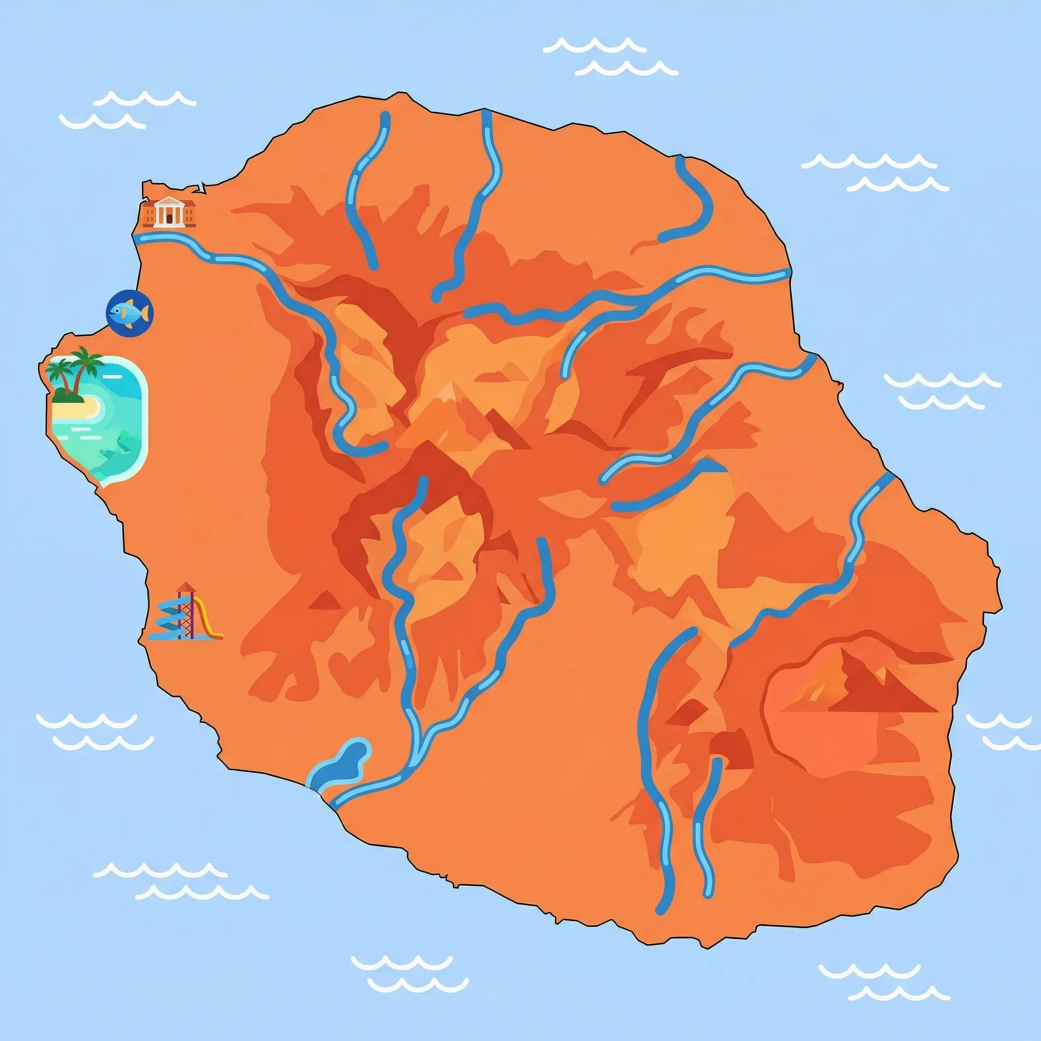 Colourful illustrated map of Réunion showing 1 tourist regions including Réunion, decorated with iconic landmarks like Stella Matutina Museum, Aquarium de La Réunion, Lagoon of Saint-Gilles-les-Bains, and Akoatys Aquatic Park, with geographic features including Piton de la Fournaise, Piton des Neiges, Cirque de Mafate, and Cirque de Cilaos.