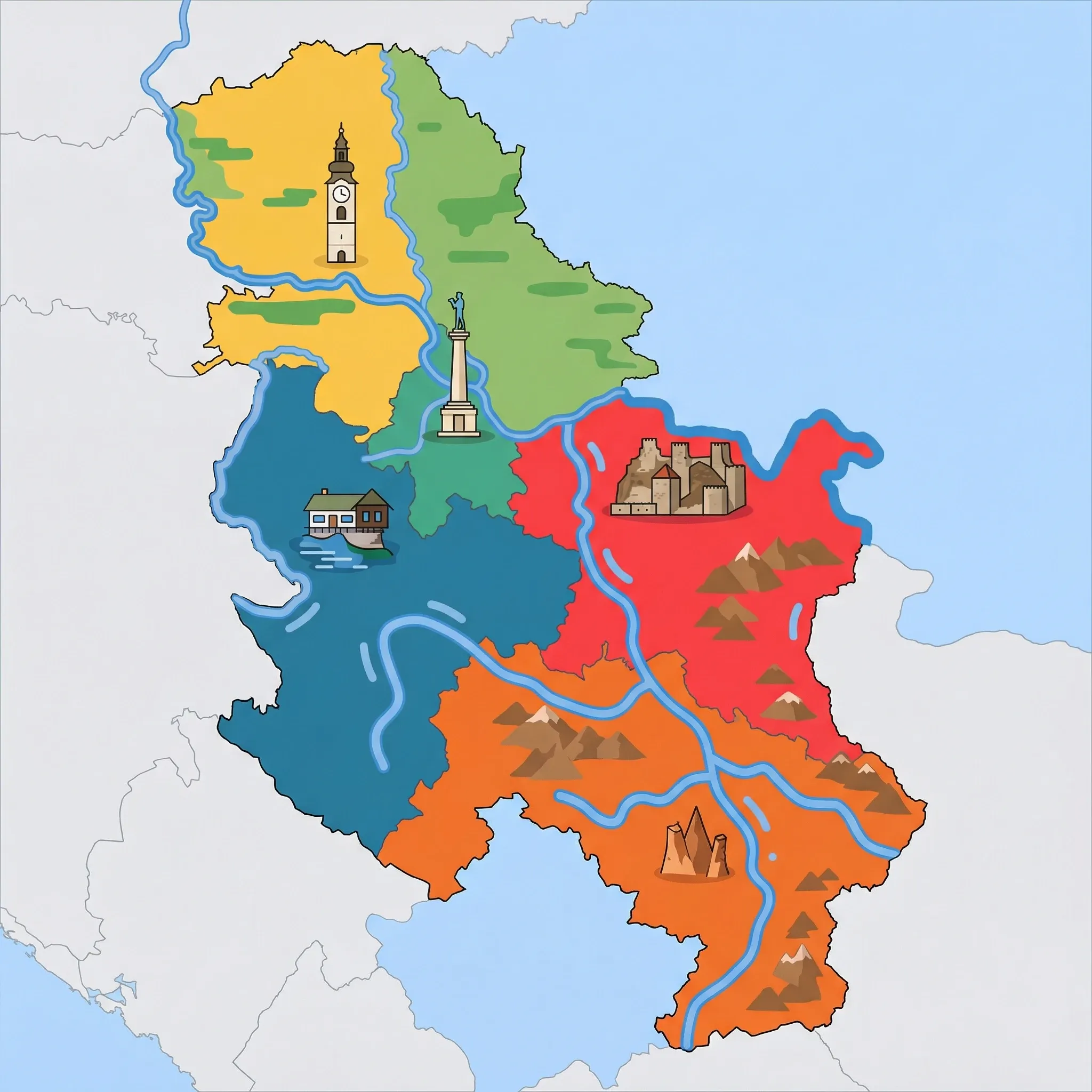 Colourful illustrated map of Serbia showing 5 tourist regions including Novi Sad & Vojvodina, Eastern Serbia (Đerdap Gorge, spa towns), and Southern Serbia (Niš), decorated with iconic landmarks like Petrovaradin Clock Tower, Golubac Fortress, Devil’s Town (Đavolja Varoš), House on the Drina River, and The Victor (Pobednik) Monument, with geographic features including Danube River, Sava River, Drina River, and Pannonian Plain.