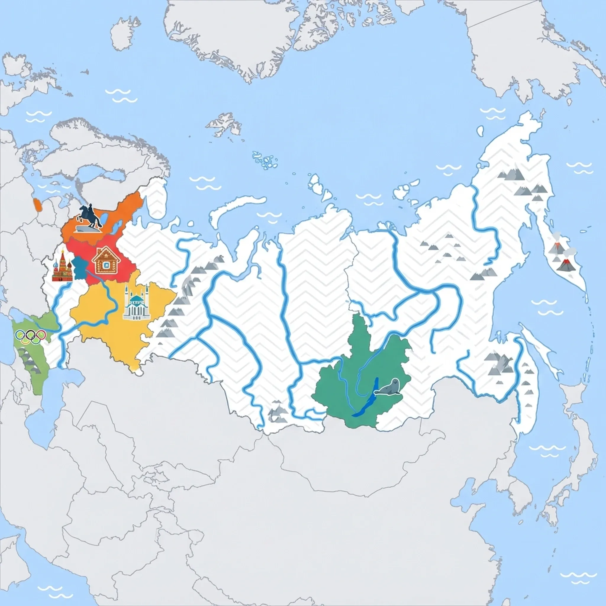 Colourful illustrated map of Russia showing 5 tourist regions including Sochi & Black Sea Coast, Kazan & Middle Volga, and St. Petersburg, decorated with iconic landmarks like Olympic Rings, Kul Sharif Mosque, The Bronze Horseman, Lake Baikal, and Sarayskiy Beach, with geographic features including Volga River, Ural Mountains, Lake Baikal, and Yenisei River.