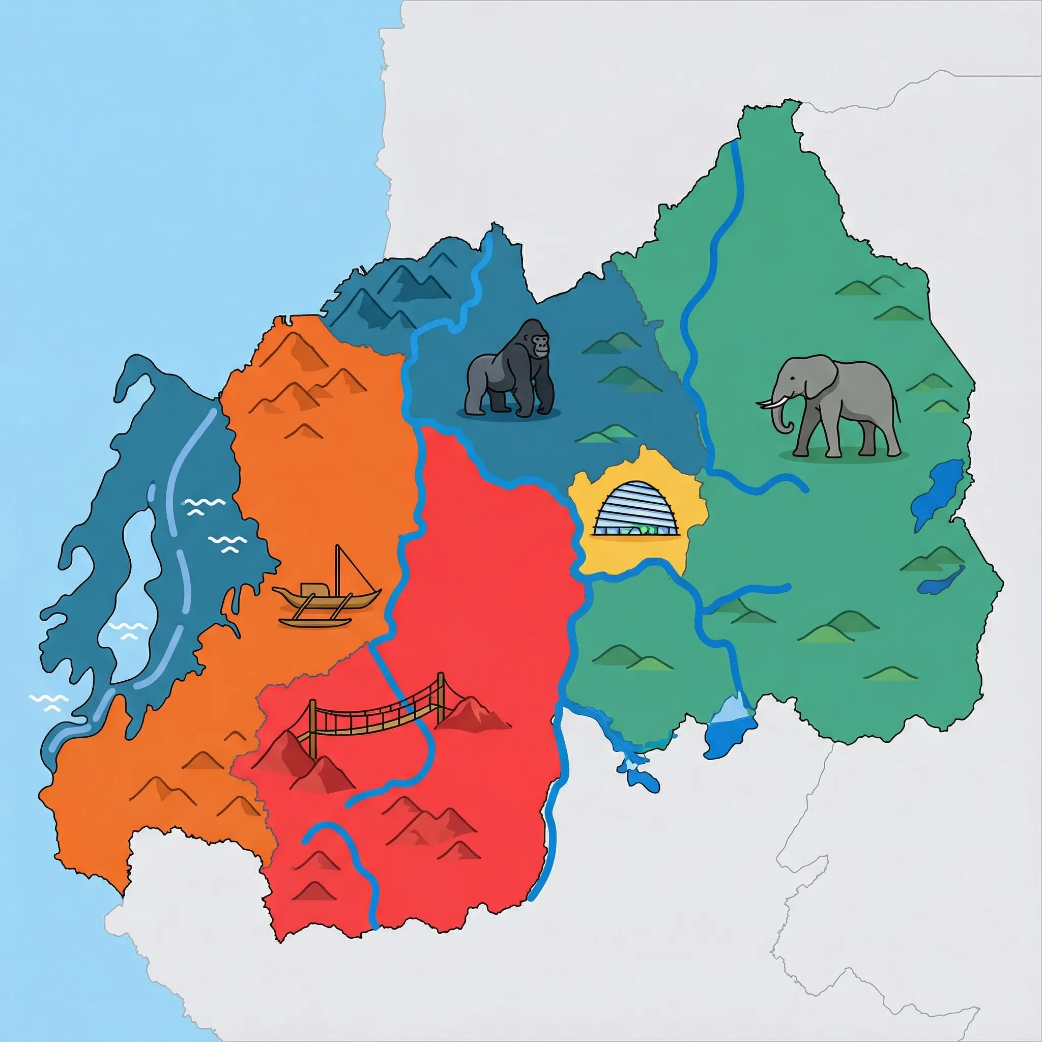 Colourful illustrated map of Rwanda showing 5 tourist regions including Kigali, Akagera NP & East (safari), and Nyungwe Forest & South, decorated with iconic landmarks like Kigali Convention Centre Dome, Savannah Elephant, Nyungwe Canopy Walkway, Mountain Gorilla, and Traditional Three-Hulled Fishing Boat, with geographic features including Virunga Mountains, Lake Kivu, Nyungwe Forest, and Kagera River.