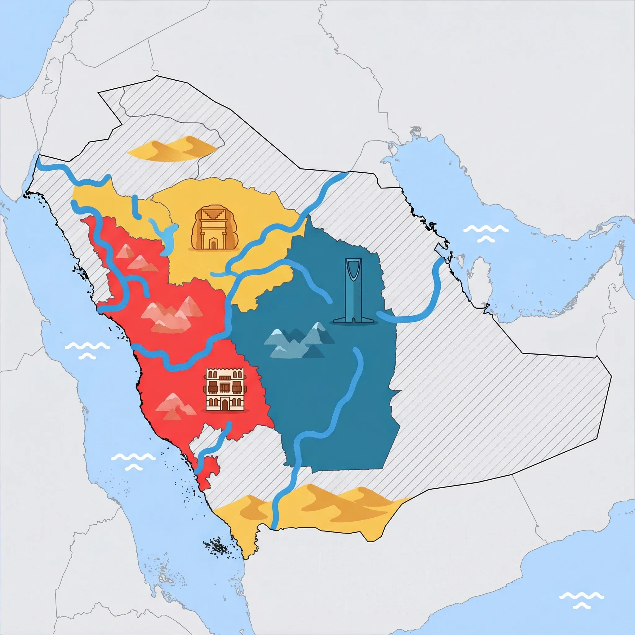 Colourful illustrated map of Saudi Arabia showing 3 tourist regions including Western Region (Jeddah, Mecca & Medina), Riyadh, AlUla (ancient sites), decorated with iconic landmarks like Al-Balad Coral House, Kingdom Centre Tower, and Hegra Nabataean Tomb, with geographic features including Red Sea, Arabian Gulf, Rub' al Khali, and Sarawat Mountains.