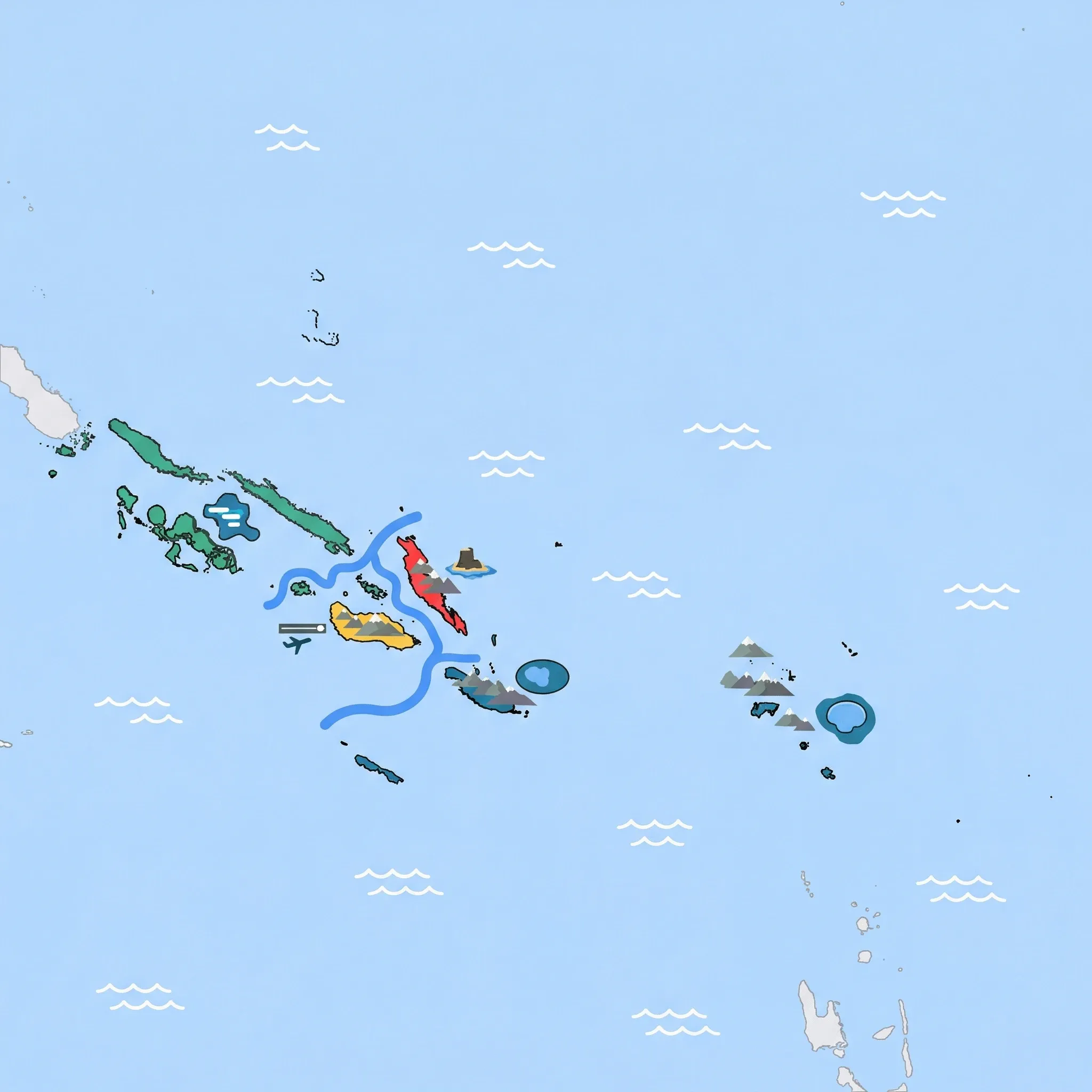 Colourful illustrated map of Solomon Islands showing 4 tourist regions including Malaita, Outer Provinces, and Honiara & Guadalcanal, decorated with iconic landmarks like Langa Langa Artificial Island, Lake Tegano, Henderson Field, and Marovo Lagoon, with geographic features including Mount Popomanaseu, Ironbottom Sound, Marovo Lagoon, and Lake Tegano.