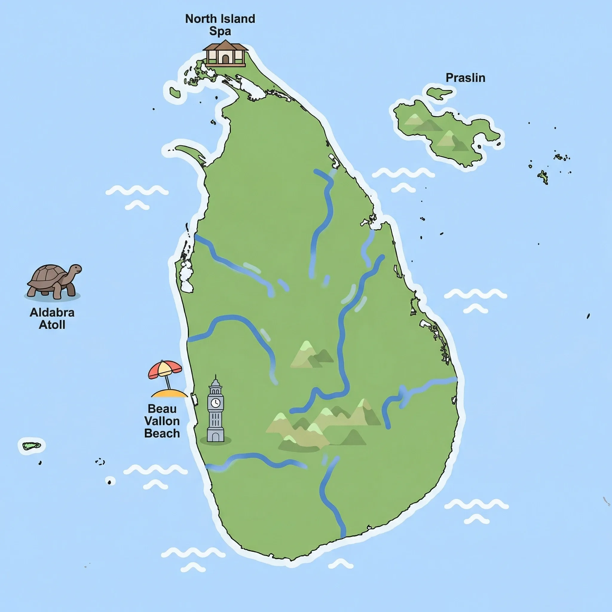 Colourful illustrated map of Seychelles showing 1 tourist regions including Seychelles, decorated with iconic landmarks like North Island Spa, Aldabra Atoll, Beau Vallon Beach, and Victoria Clock Tower, with geographic features including Indian Ocean, Mahé Island, Praslin Island, and La Digue Island.