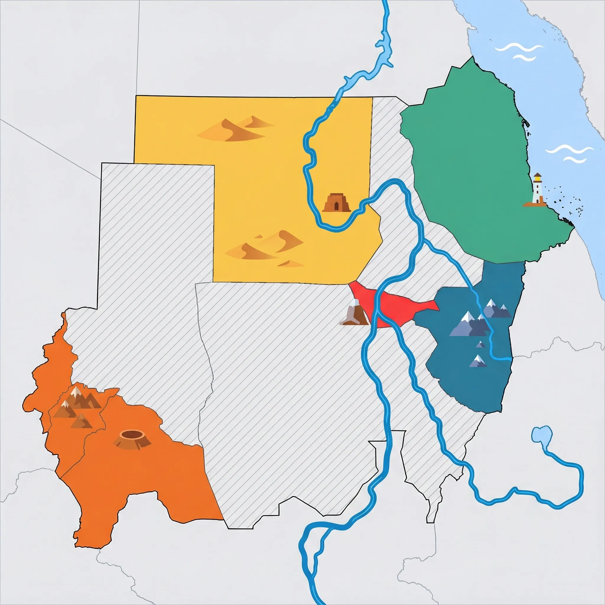 Colourful illustrated map of Sudan showing 5 tourist regions including Nubian Nile Valley (Northern State), Khartoum & Confluence (Khartoum State), and Eastern Sudan Highlands (Kassala State, Gedaref State), decorated with iconic landmarks like Jebel Barkal, Nile Confluence, Taka Mountains, Deriba Crater, and Sanganeb Lighthouse, with geographic features including Nile River, Blue Nile, White Nile, and Red Sea.