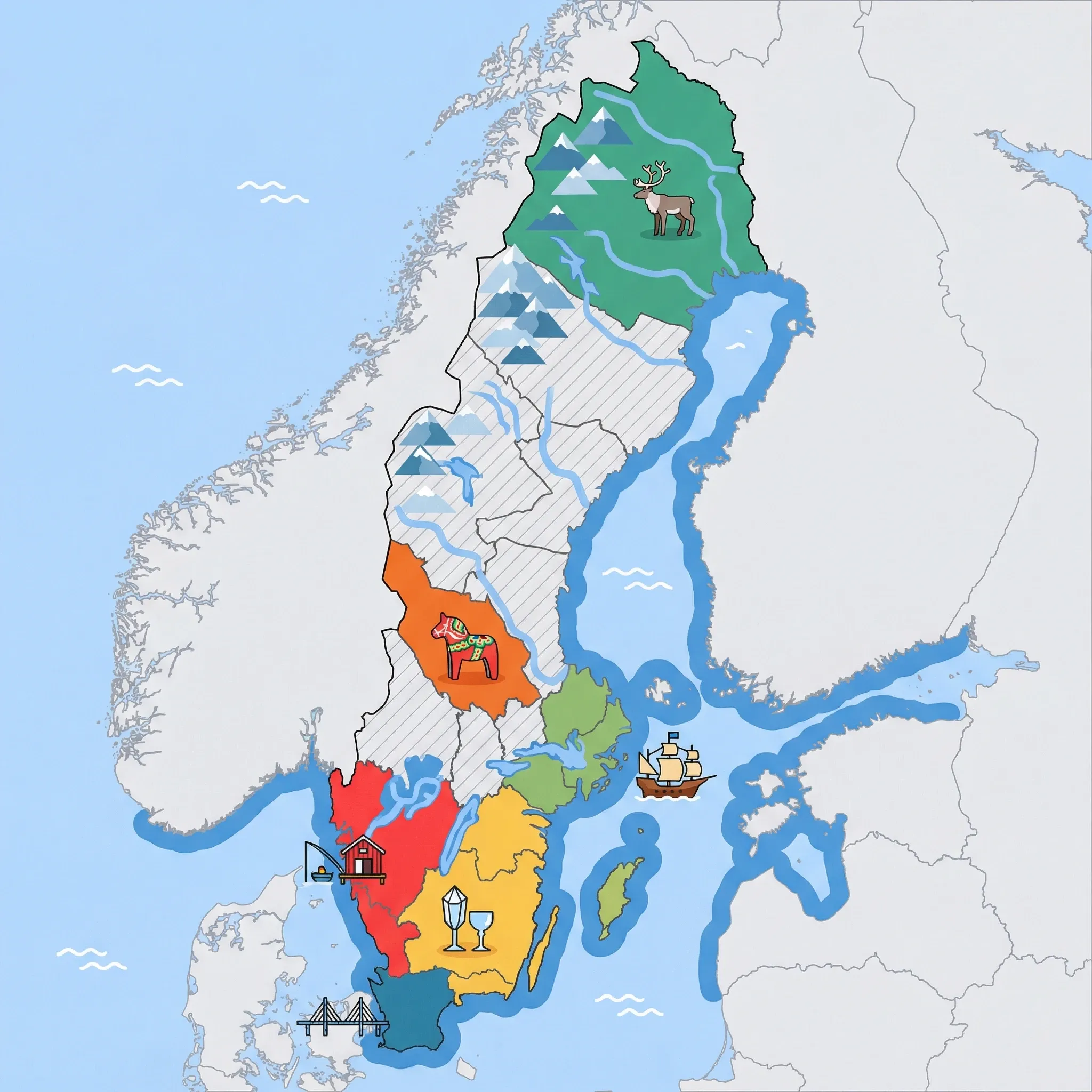 Colourful illustrated map of Sweden showing 6 tourist regions including Dalarna, Gothenburg & West Coast, and Swedish Lapland, decorated with iconic landmarks like Dala Horse, Red Fishing Sheds, Reindeer, Crystal Glassware, and Vasa Ship, with geographic features including Scandinavian Mountains, Lake Vänern, Lake Vättern, and Torne River.