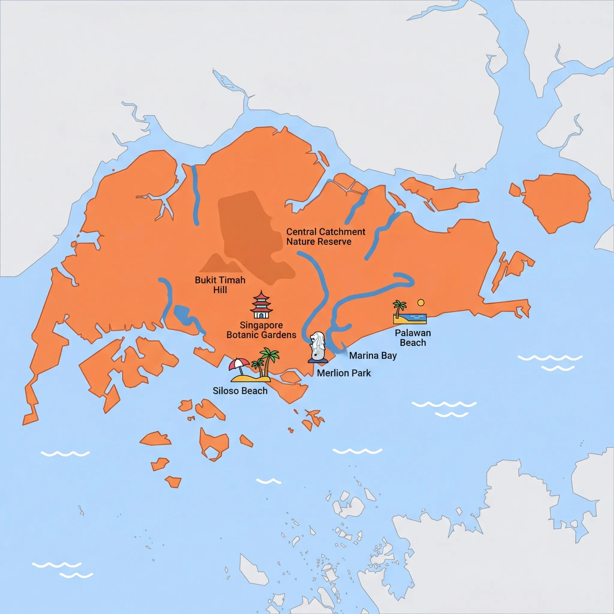 Colourful illustrated map of Singapore showing 1 tourist regions including Singapore, decorated with iconic landmarks like Singapore Botanic Gardens, Siloso Beach, Merlion Park, and Palawan Beach, with geographic features including Singapore River, Bukit Timah Hill, Marina Bay, and Sentosa Island.