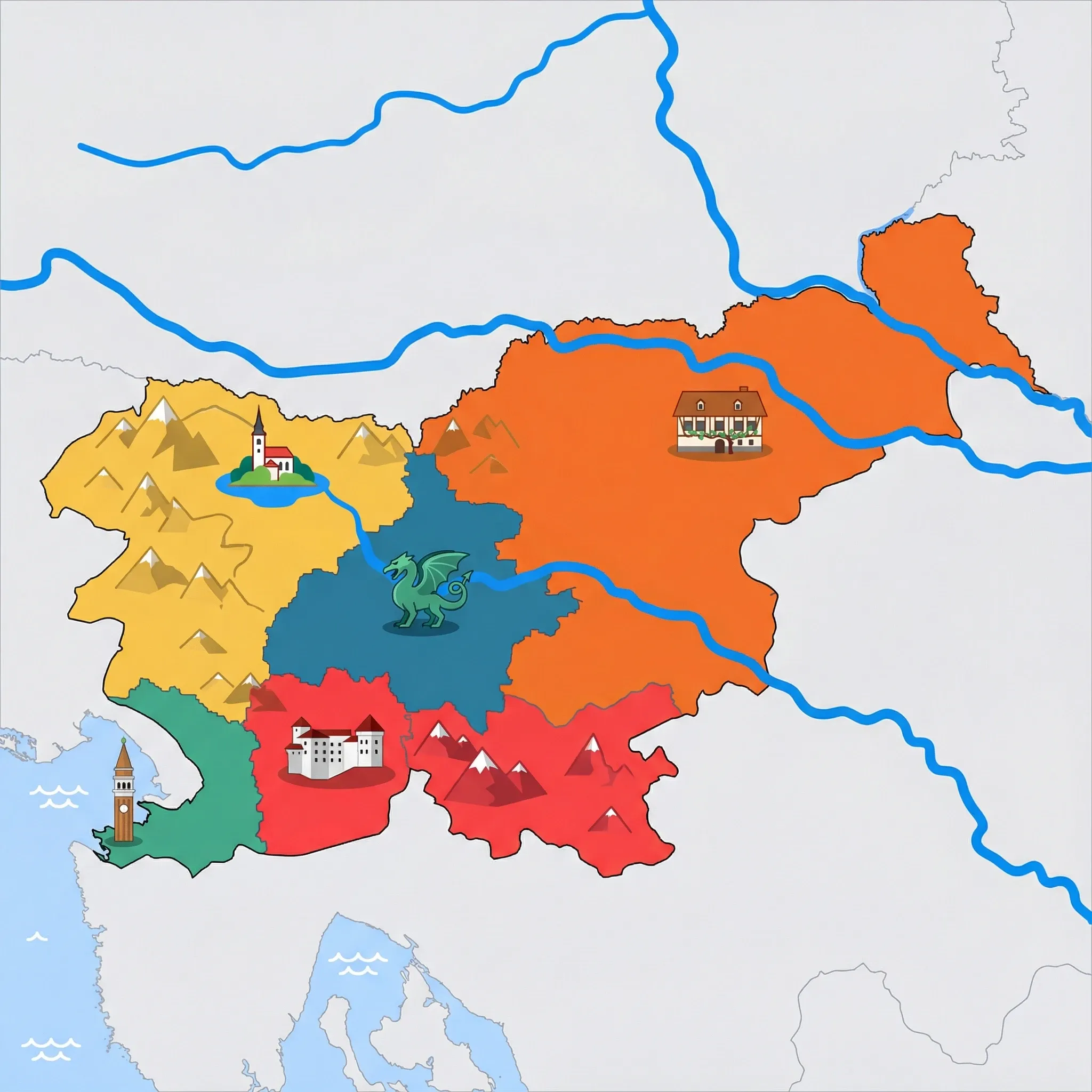 Colourful illustrated map of Slovenia showing 5 tourist regions including Karst Region (Postojna, Škocjan caves), Lake Bled & Julian Alps, and Ljubljana, decorated with iconic landmarks like Predjama Castle, Bled Island Church, Dragon of Ljubljana, Piran Bell Tower, and Old Vine House, with geographic features including Julian Alps, Mount Triglav, Sava River, and Drava River.