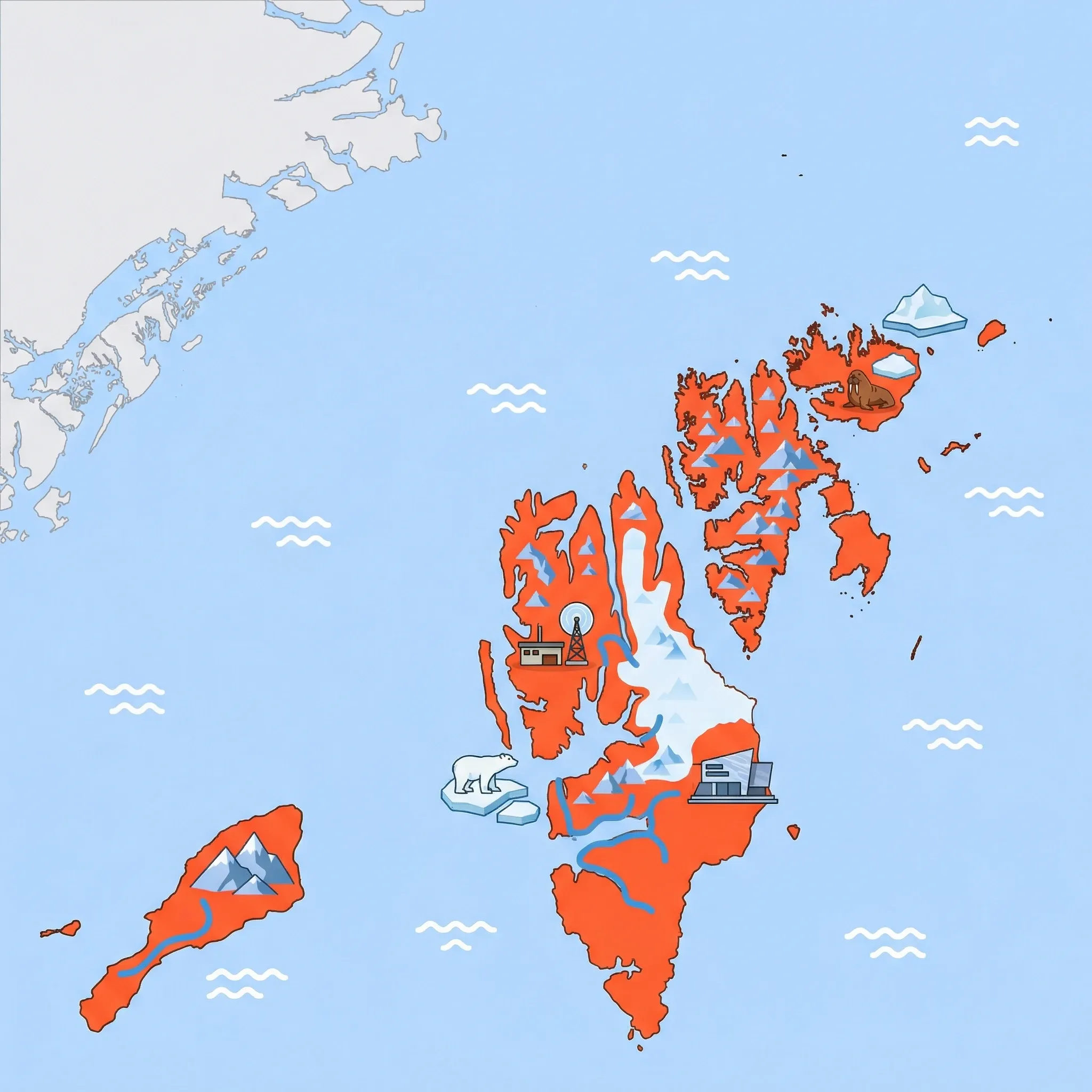 Colourful illustrated map of Svalbard showing 1 tourist regions including Svalbard and Jan Mayen, decorated with iconic landmarks like Ny-Ålesund Research Station, South Spitsbergen National Park, Northeast Svalbard Nature Reserve, and Svalbard Museum, with geographic features including Spitsbergen, Isfjorden, Beerenberg, and Nordaustlandet.