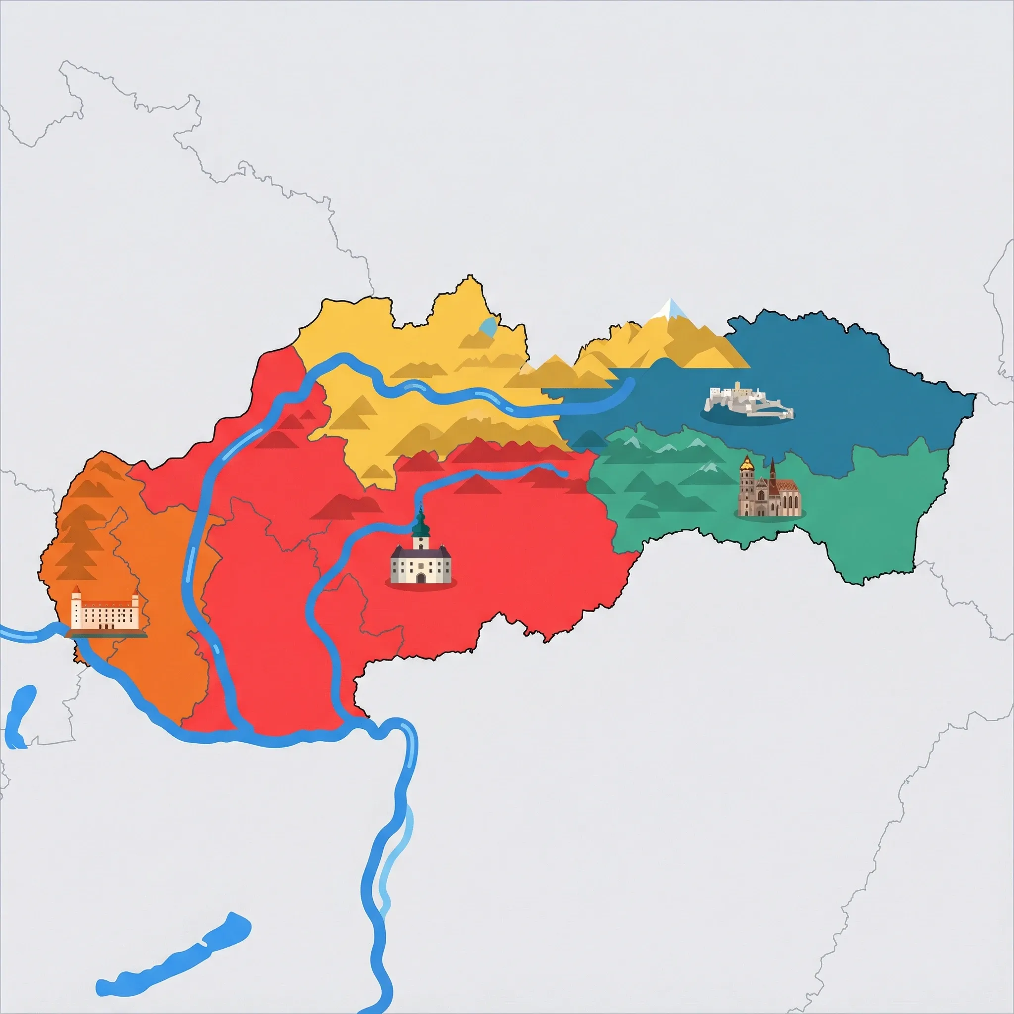 Colourful illustrated map of Slovakia showing 5 tourist regions including Central Slovakia (Banská Štiavnica, Low Tatras), Eastern Slovakia (Košice), and High Tatras, decorated with iconic landmarks like Nový zámok of Banská Štiavnica, St. Elisabeth Cathedral, Gerlachovský štít Peak, Bratislava Castle, and Spiš Castle, with geographic features including High Tatras, Danube River, Low Tatras, and Váh River.