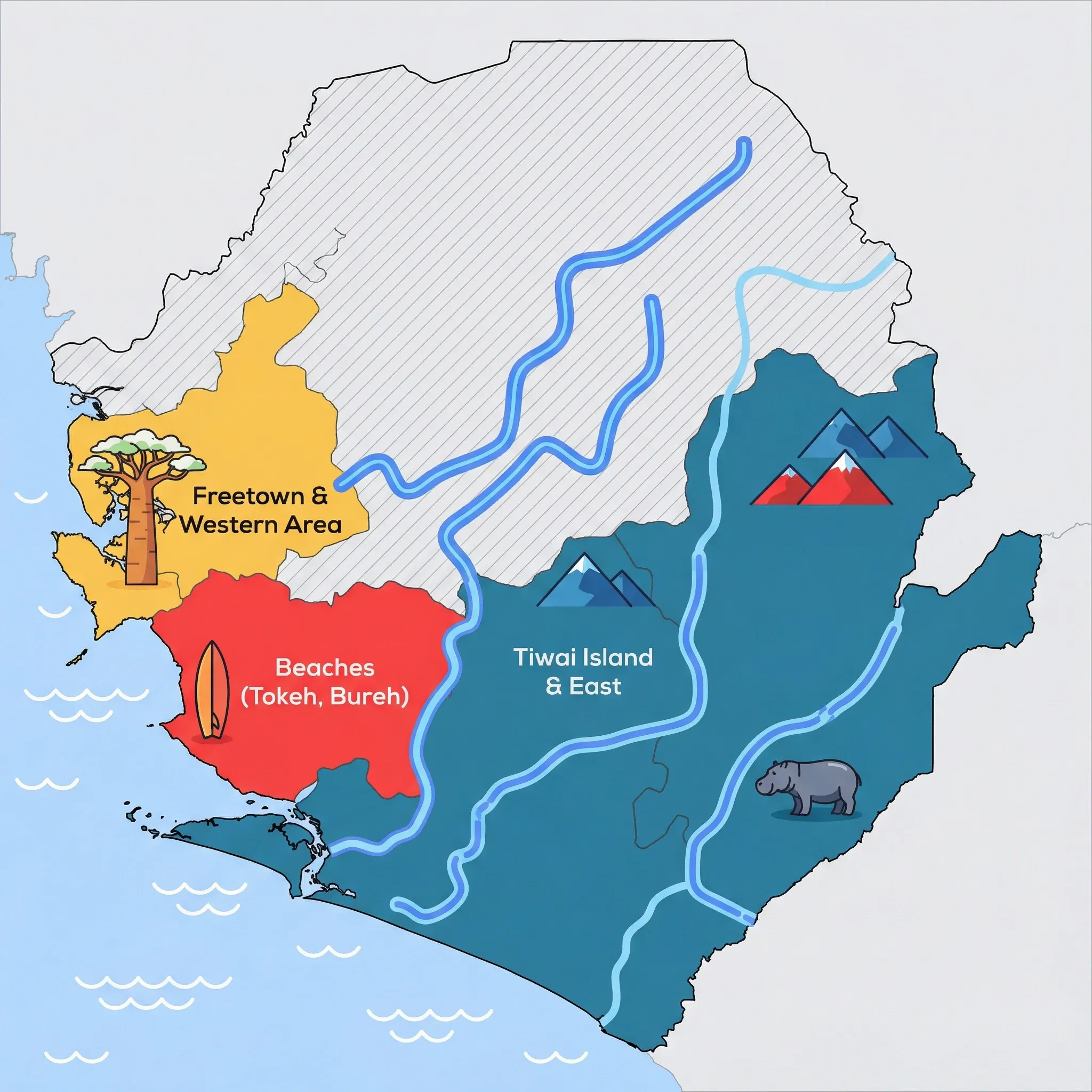 Colourful illustrated map of Sierra Leone showing 3 tourist regions including Tiwai Island & East, Beaches (Tokeh, Bureh), Freetown & Western Area, decorated with iconic landmarks like Pygmy Hippopotamus, Surfboard, and Cotton Tree, with geographic features including Atlantic Ocean, Loma Mountains, Mount Bintumani, and Rokel River.