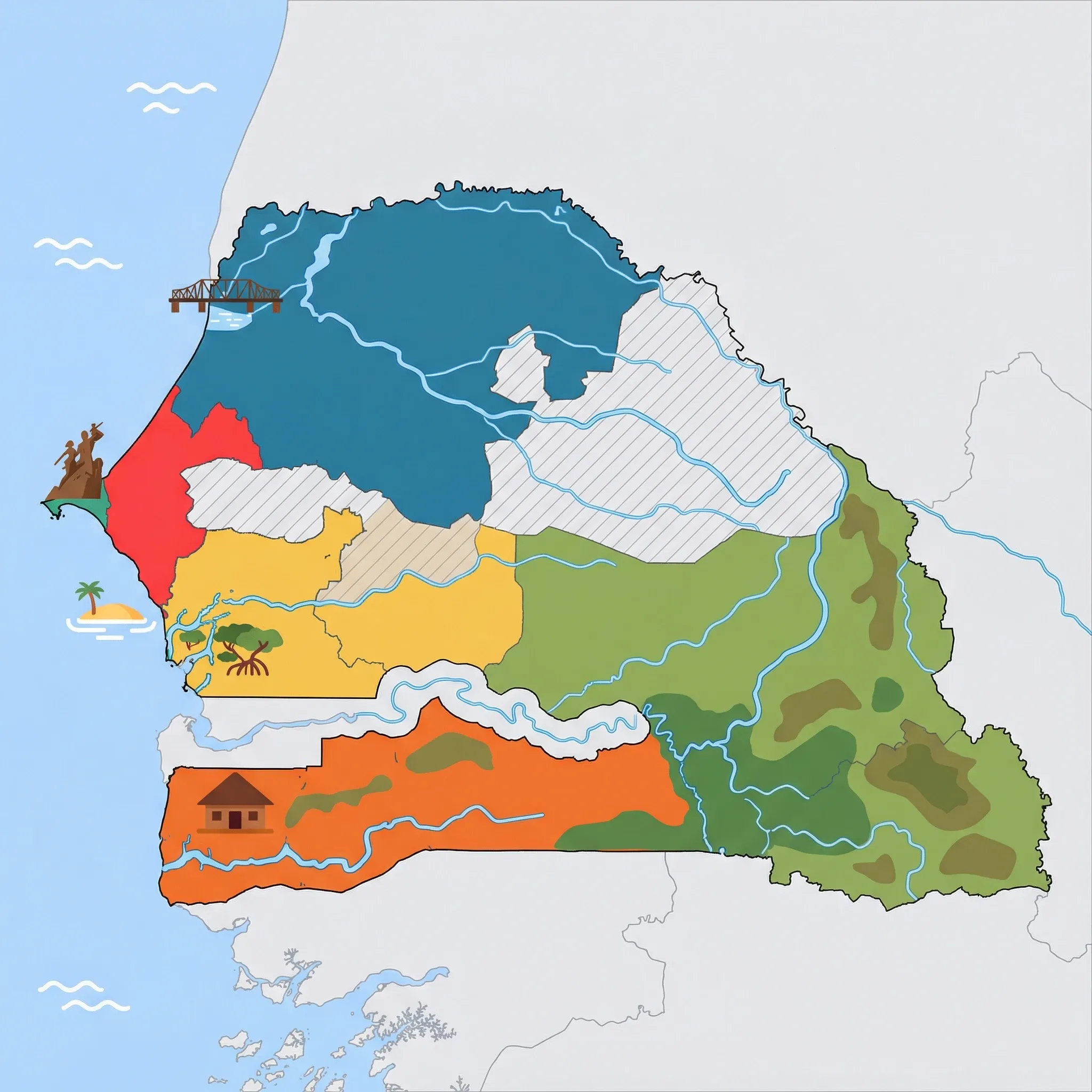 Colourful illustrated map of Senegal showing 5 tourist regions including Sine-Saloum Delta, Saint-Louis & North, and Casamance (south), decorated with iconic landmarks like Saloum Delta Mangroves, Faidherbe Bridge, Traditional Impluvium House, Joal-Fadiouth Shell Island, and African Renaissance Monument, with geographic features including Senegal River, Gambia River, Casamance River, and Saloum Delta.