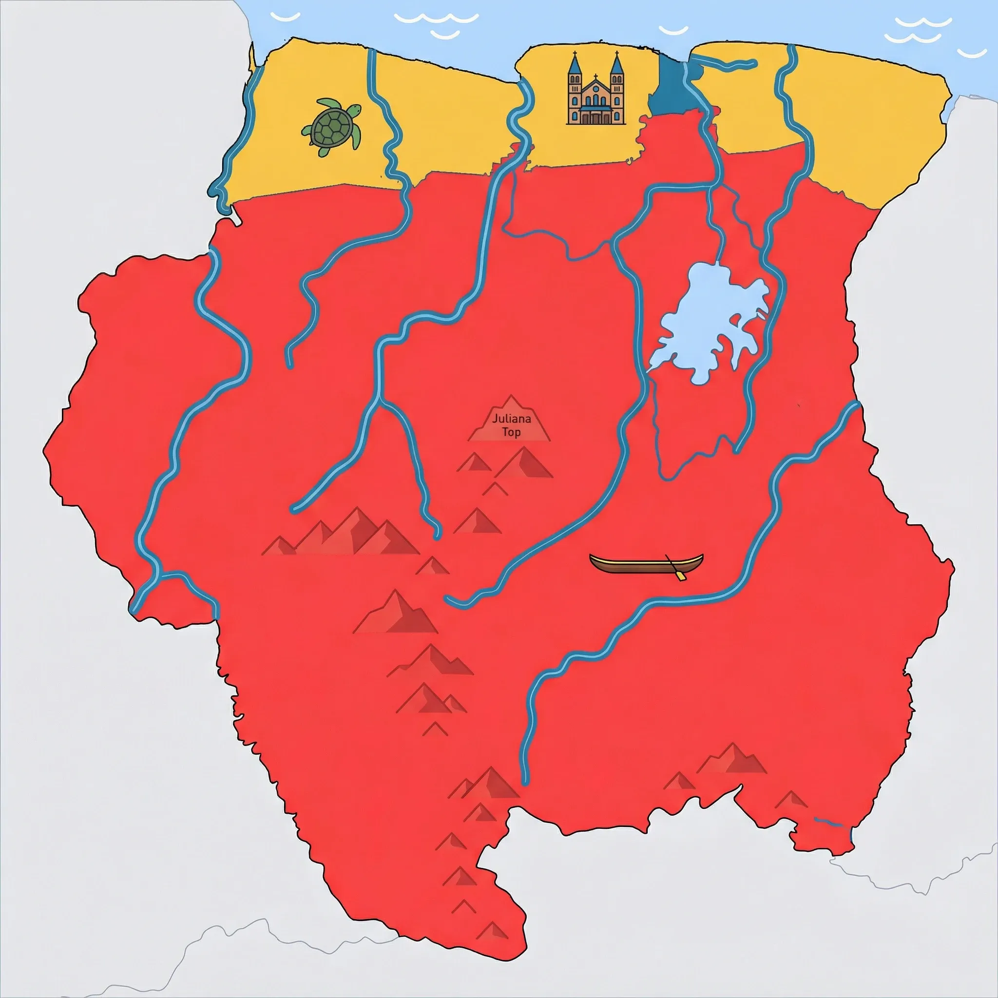 Colourful illustrated map of Suriname showing 3 tourist regions including Nature Reserves, Paramaribo, Interior & Rainforest, decorated with iconic landmarks like Giant Sea Turtle, Saint Peter and Paul Wooden Cathedral, and Traditional Pirogue Canoe, with geographic features including Suriname River, Brokopondo Reservoir, Wilhelmina Mountains, and Corantijn River.