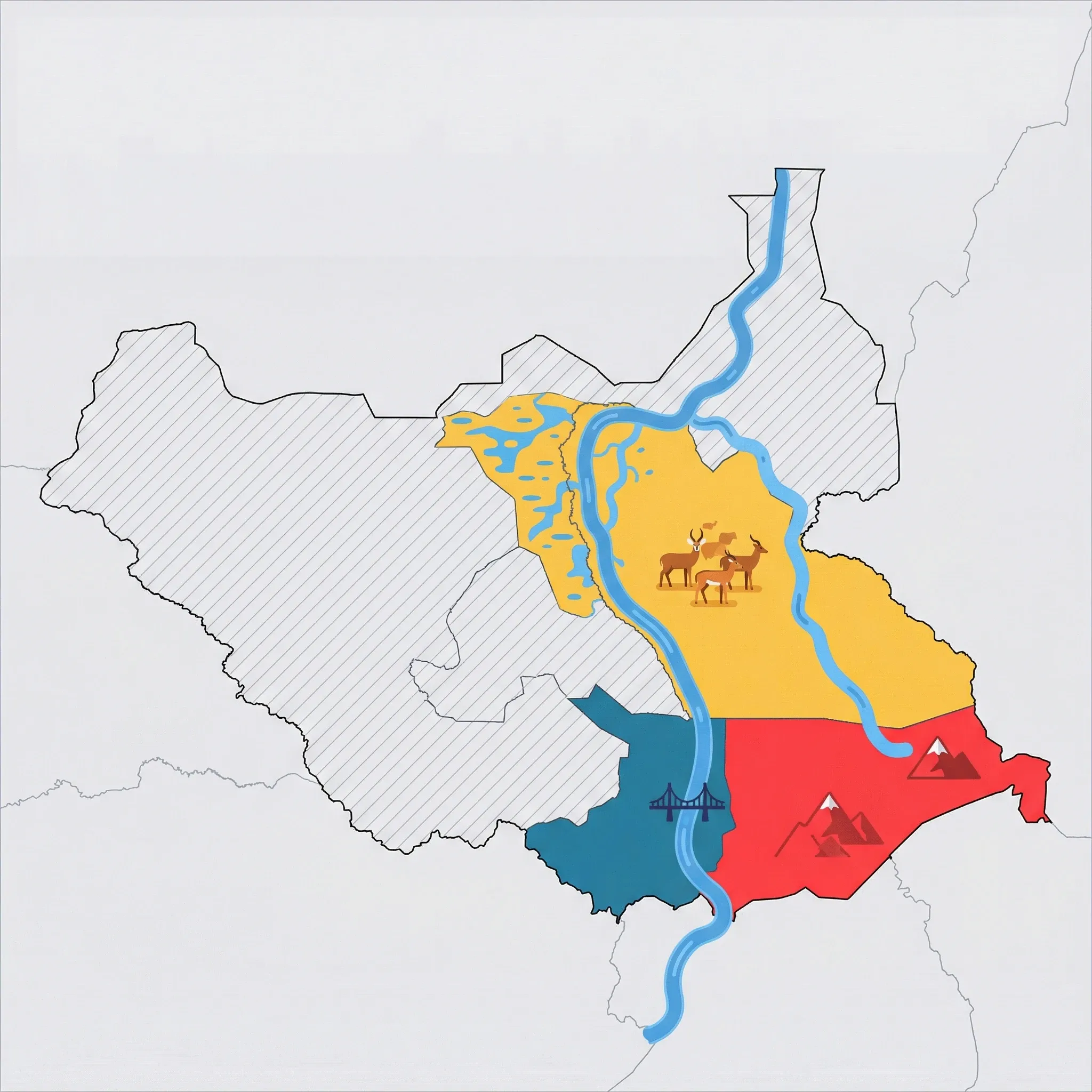 Colourful illustrated map of South Sudan showing 3 tourist regions including White Nile Corridor (Central Equatoria State), Eastern Highlands (Eastern Equatoria State), Sudd Wetlands & Boma–Badingilo (Jonglei), decorated with iconic landmarks like Juba Nile Bridge, Mount Kinyeti Peak, and White-eared Kob Migration, with geographic features including White Nile, Sudd Wetlands, Imatong Mountains, and Mount Kinyeti.