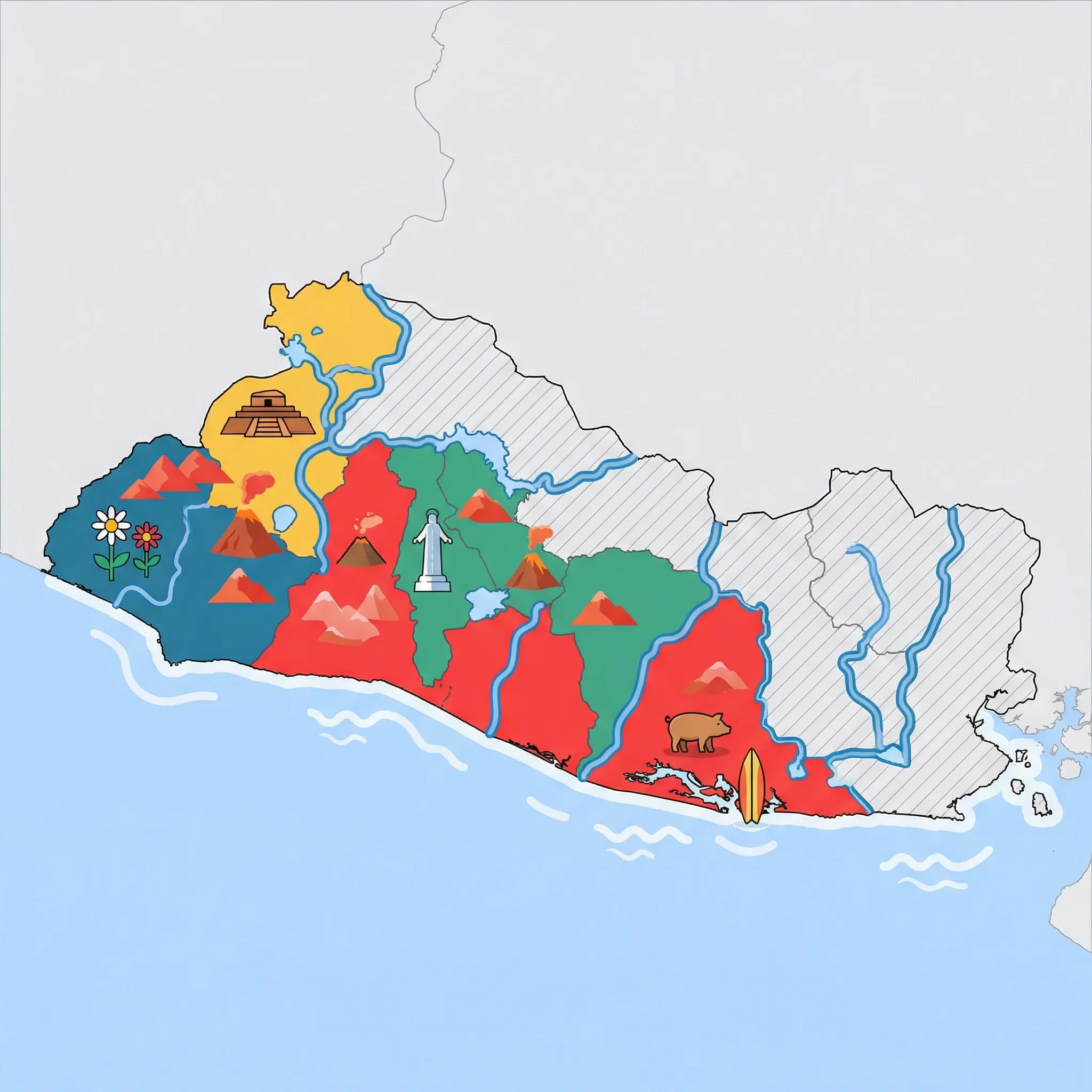 Colourful illustrated map of El Salvador showing 4 tourist regions including San Salvador, Ruta de las Flores, and El Tunco & Pacific Beaches (surfing), decorated with iconic landmarks like Divine Savior of the World Monument, Wildflower Mural, Pig Rock, and Tazumal Mayan Temple, with geographic features including Santa Ana Volcano, Izalco Volcano, San Salvador Volcano, and Lake Coatepeque.