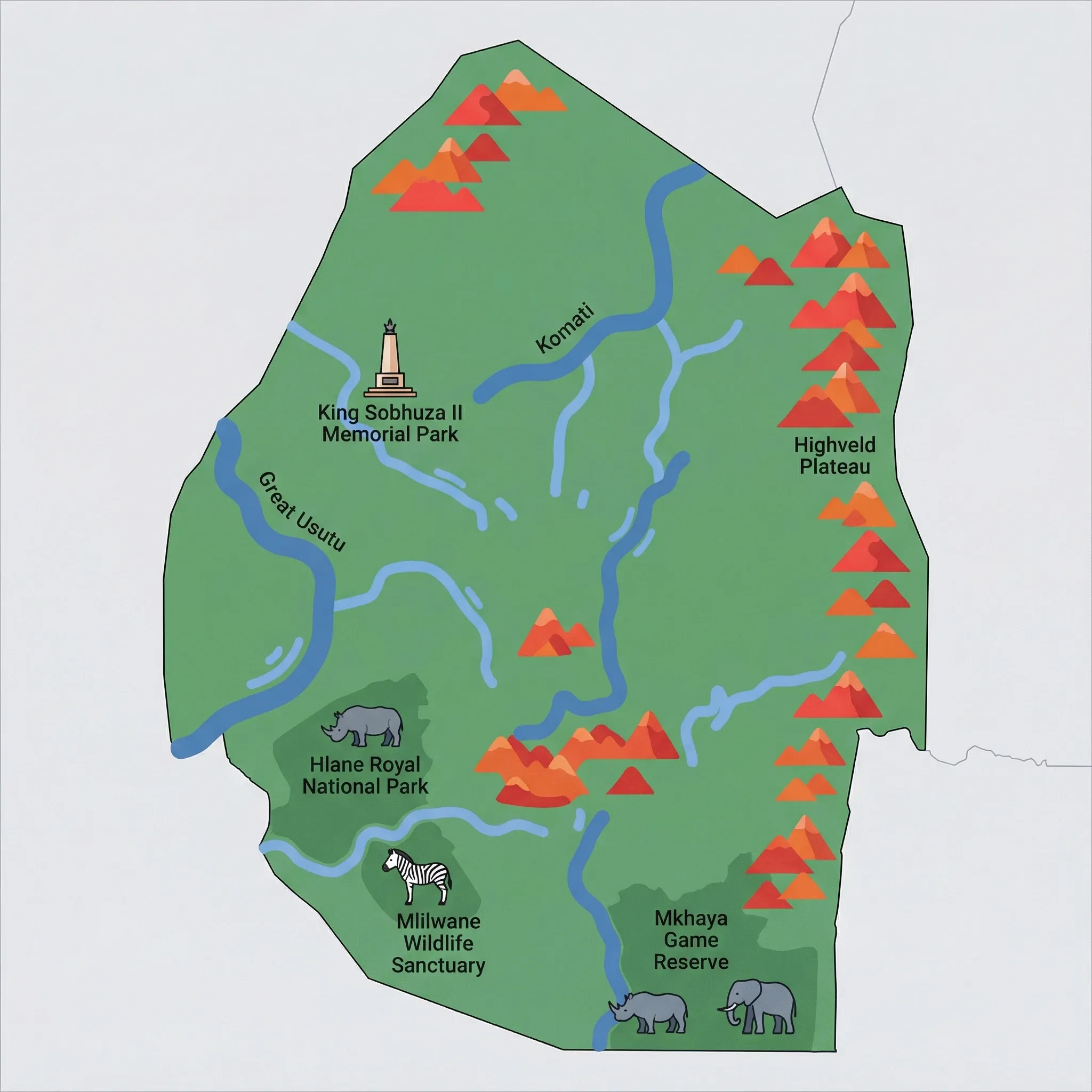 Colourful illustrated map of Eswatini showing 1 tourist regions including Eswatini, decorated with iconic landmarks like Hlane Royal National Park, Mlilwane Wildlife Sanctuary, Mkhaya Game Reserve, and King Sobhuza II Memorial Park, with geographic features including Lubombo Mountains, Highveld Plateau, Great Usutu River, and Komati River.