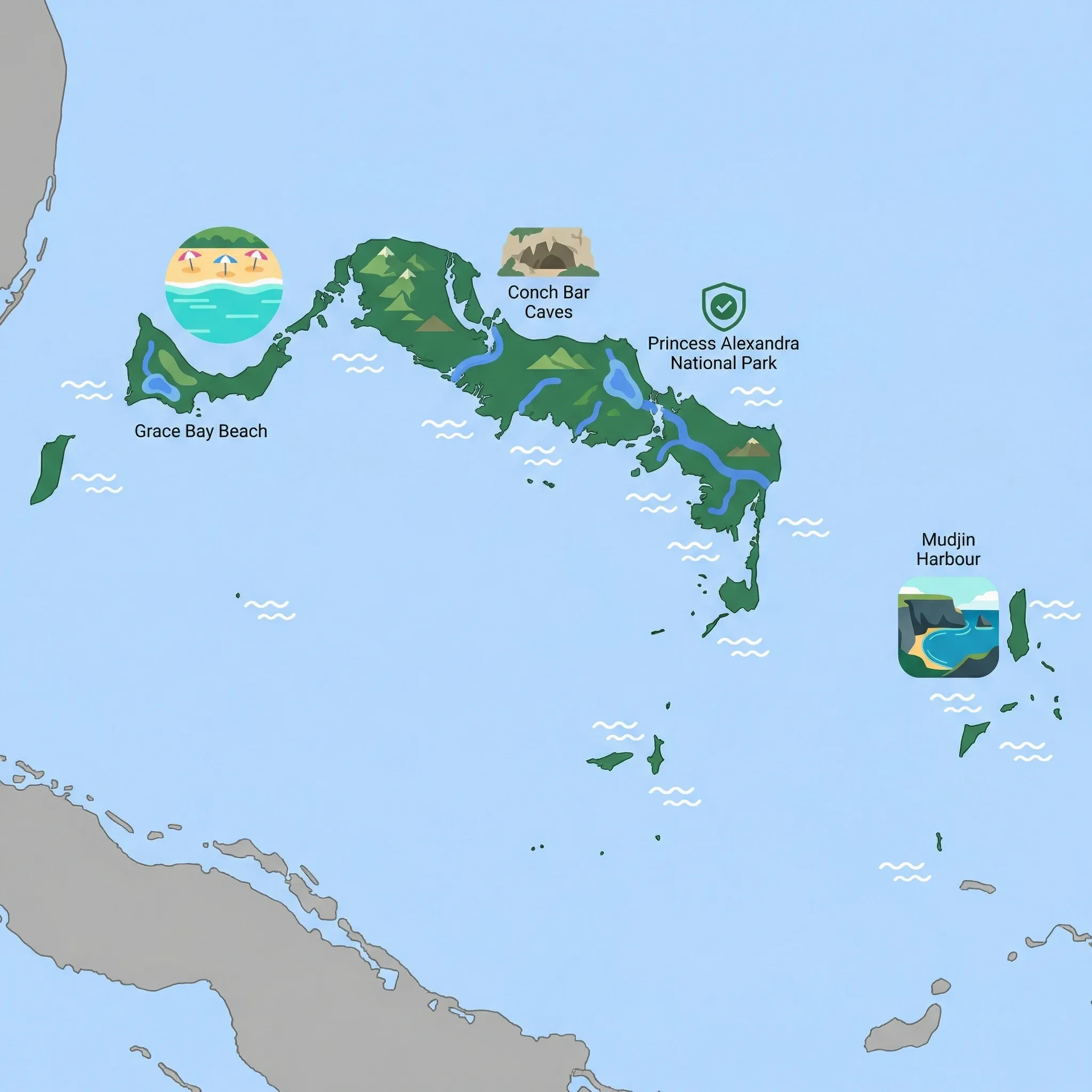 Colourful illustrated map of Turks and Caicos Islands showing 1 tourist regions including Turks and Caicos Islands, decorated with iconic landmarks like Grace Bay Beach, Conch Bar Caves, Princess Alexandra National Park, and Mudjin Harbour, with geographic features including Caicos Bank, Turks Island Passage, Grace Bay, and Chalk Sound.