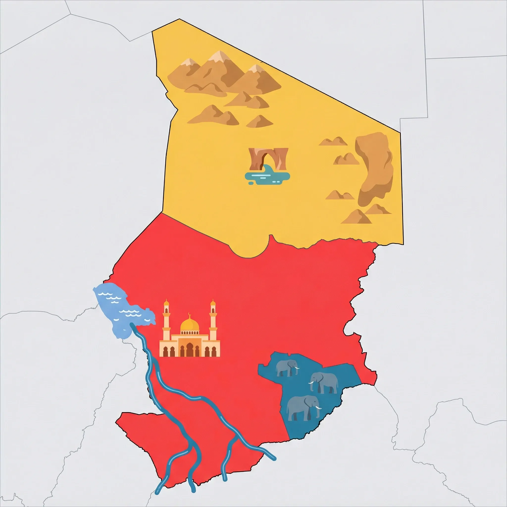 Colourful illustrated map of Chad showing 3 tourist regions including Tibesti & Ennedi (north), Zakouma NP, N'Djamena & South, decorated with iconic landmarks like Guelta d'Archei, African Elephant Herd, and Grand Mosque of N'Djamena, with geographic features including Lake Chad, Tibesti Mountains, Ennedi Plateau, and Chari River.