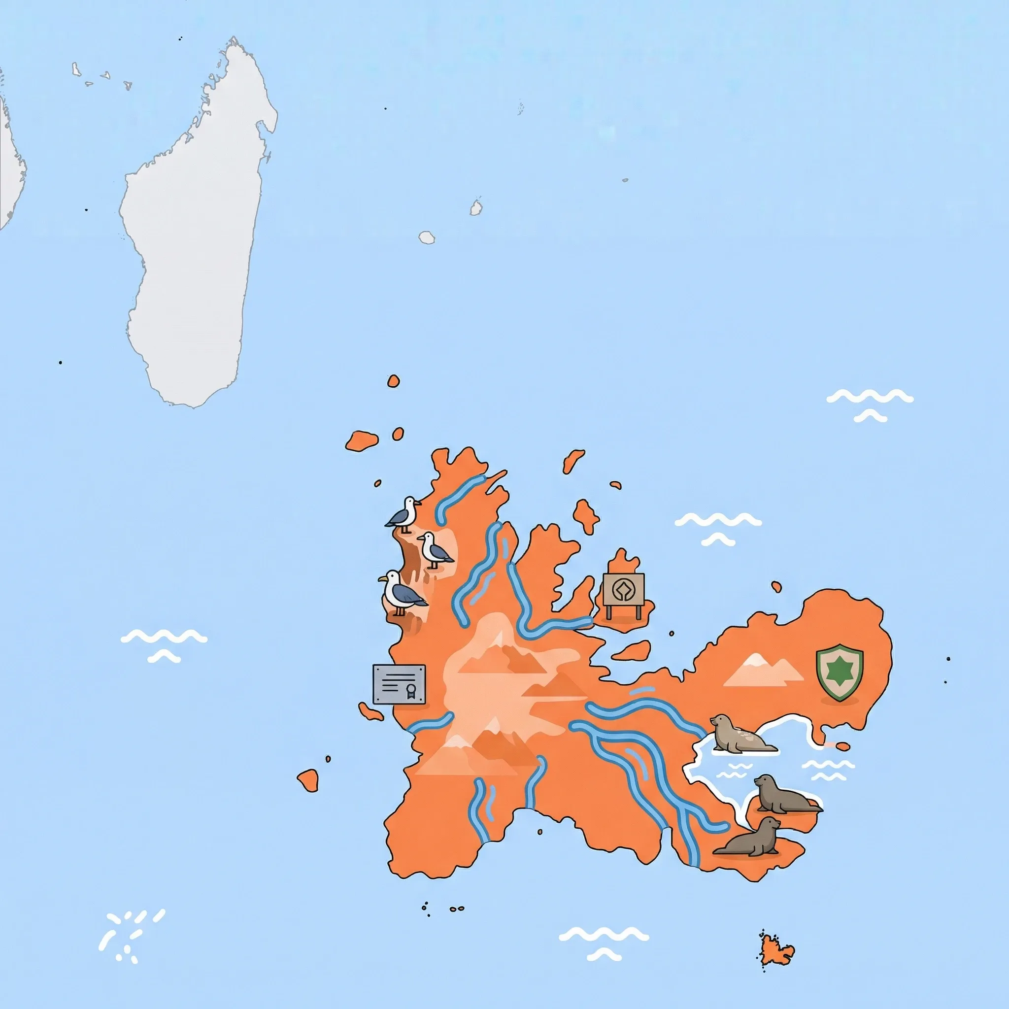 Colourful illustrated map of French Southern Territories showing 1 tourist regions including French Southern & Antarctic Lands, decorated with iconic landmarks like Crozet Islands Seabird Colonies, French Southern and Antarctic Lands UNESCO World Heritage Site, French Southern Lands and Seas National Nature Reserve, and Elephant Seal Breeding Beaches, with geographic features including Kerguelen Islands, Crozet Archipelago, Amsterdam Island, and Saint Paul Island.