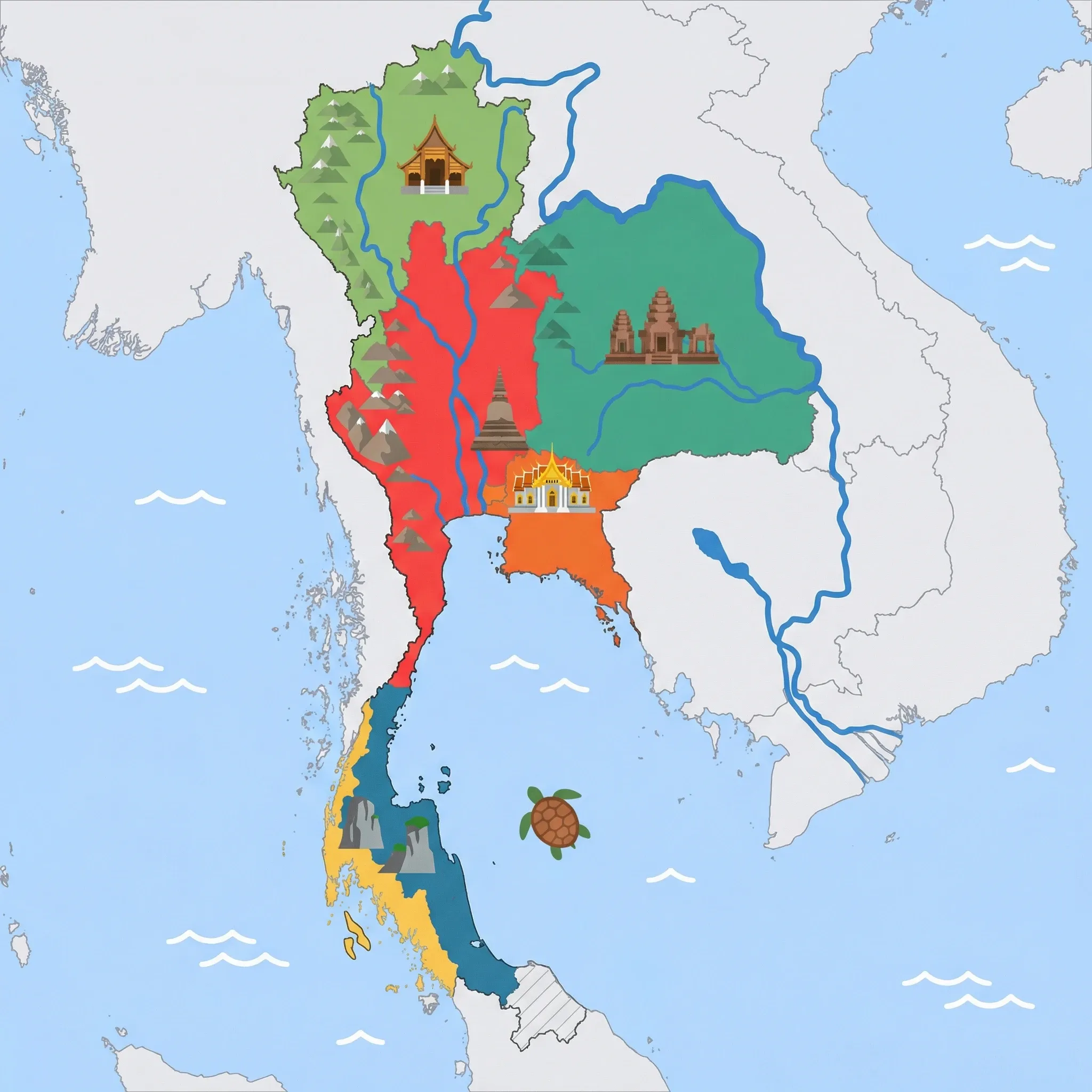 Colourful illustrated map of Thailand showing 6 tourist regions including Bangkok, Isan (Northeast), and Andaman Coast (Phuket, Krabi, Phi Phi), decorated with iconic landmarks like The Grand Palace, Khmer-style Temple Ruins, Limestone Karsts, Sea Turtle, and Lanna-style Teak Temple, with geographic features including Chao Phraya River, Mekong River, Doi Inthanon, and Khorat Plateau.