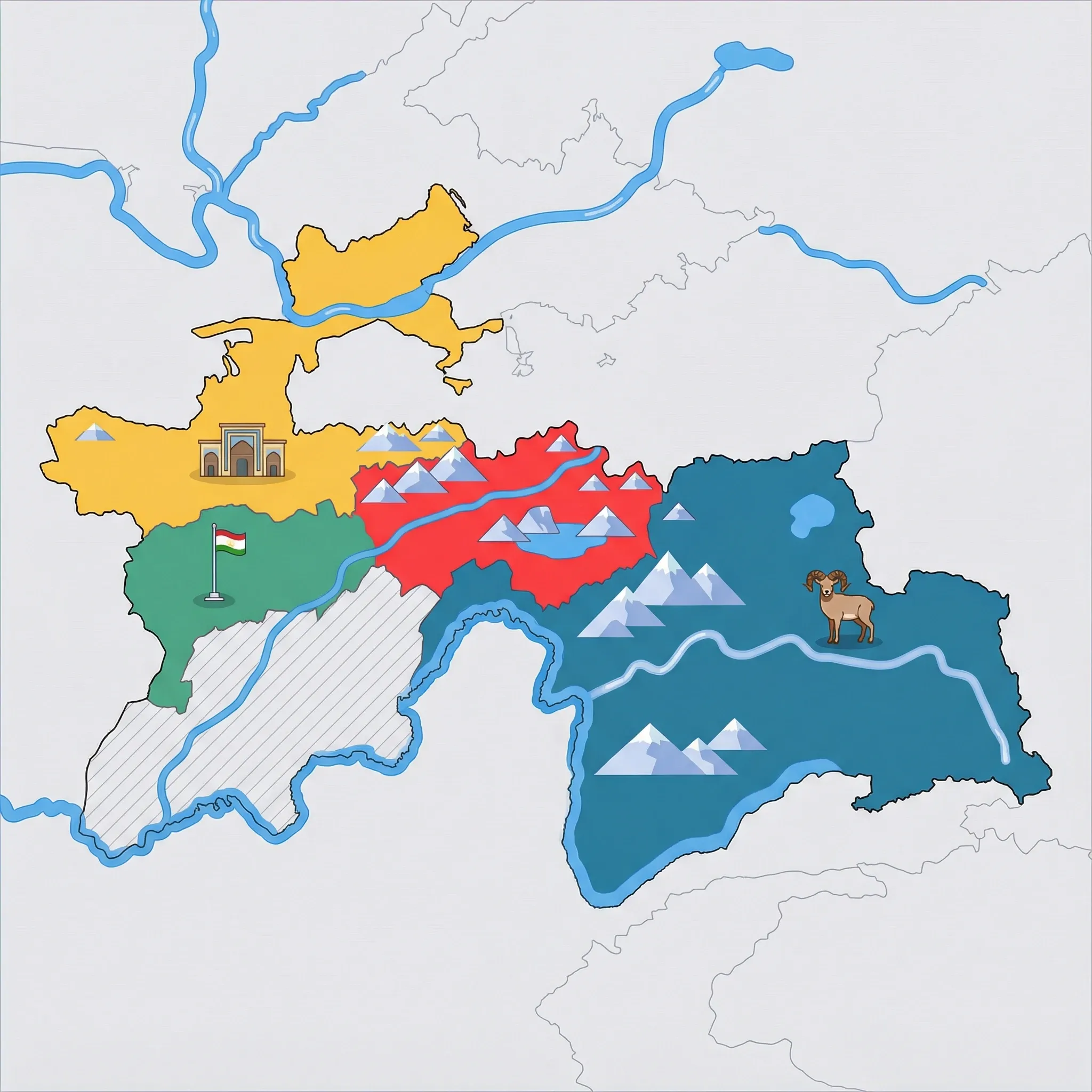 Colourful illustrated map of Tajikistan showing 4 tourist regions including Khujand & North, Fann Mountains, and Pamir Highway & GBAO, decorated with iconic landmarks like Panjshanbe Bazaar, Lake Iskanderkul, Marco Polo Sheep, and Dushanbe Flagpole, with geographic features including Pamir Mountains, Amu Darya River, Syr Darya River, and Panj River.
