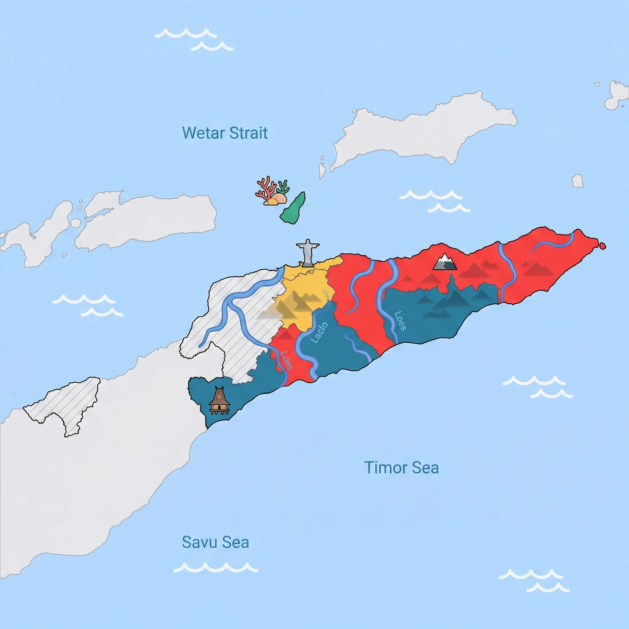 Colourful illustrated map of Timor-Leste showing 4 tourist regions including Ataúro Island, South Coast, and Eastern Mountains, decorated with iconic landmarks like Coral Reef, Uma Lulik Sacred House, Mount Matebian Peak, and Cristo Rei Statue, with geographic features including Mount Ramelau, Wetar Strait, Timor Sea, and Savu Sea.