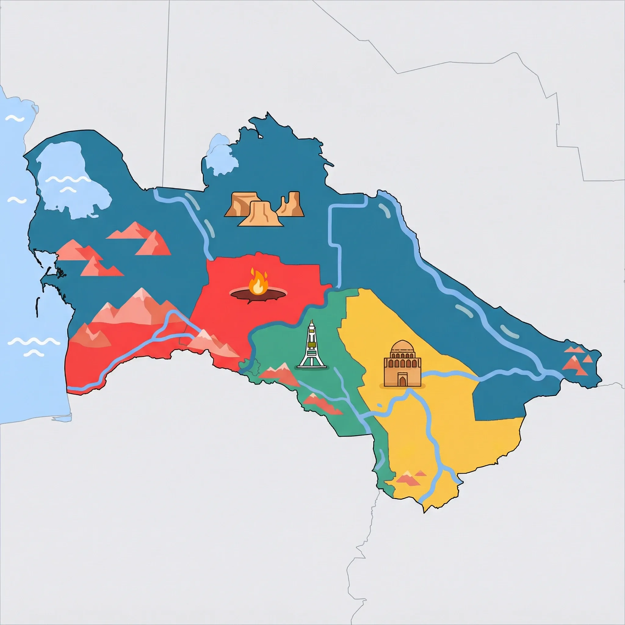 Colourful illustrated map of Turkmenistan showing 4 tourist regions including Darvaza (Gates of Hell), Karakum Desert, and Ashgabat, decorated with iconic landmarks like Burning Gas Crater, Yangykala Canyon, White Marble Monument of Neutrality, and Mausoleum of Sultan Sanjar, with geographic features including Karakum Desert, Kopet Dag Mountains, Amu Darya River, and Caspian Sea.