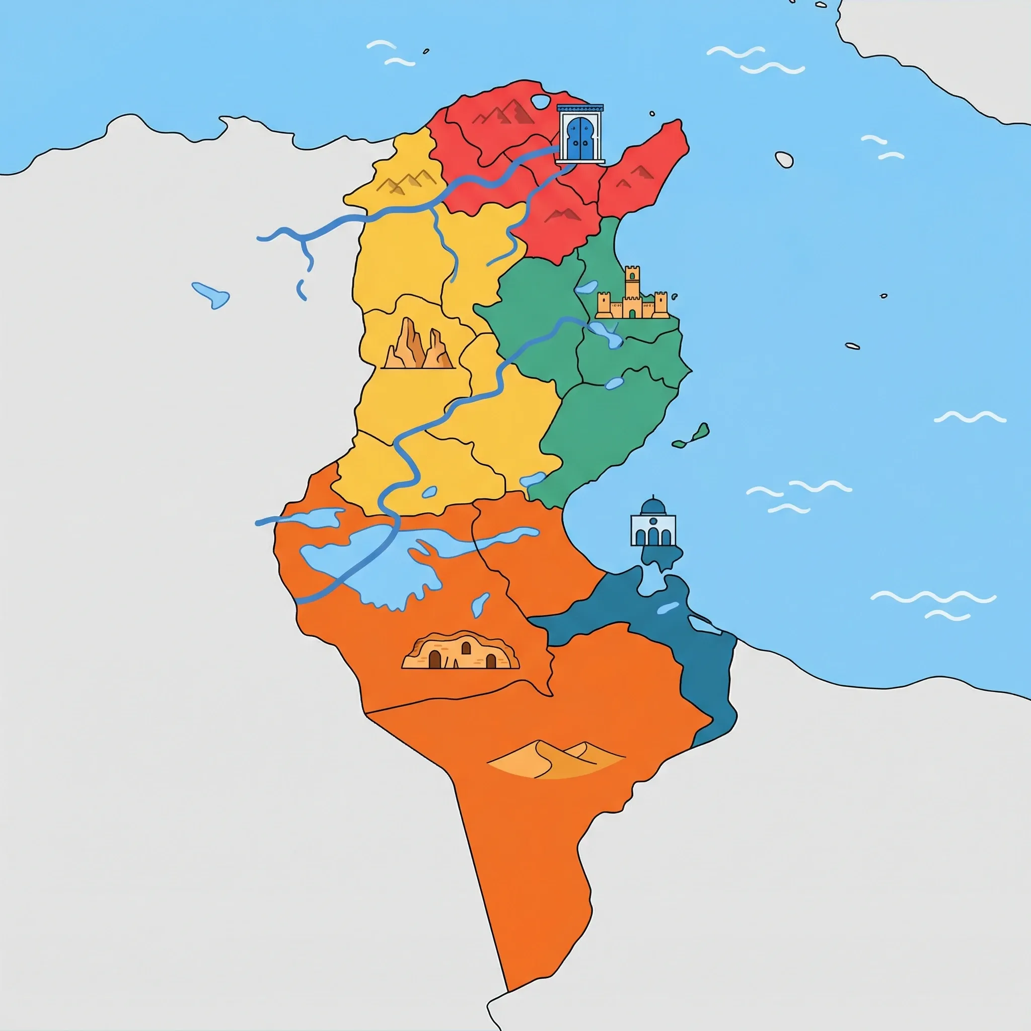 Colourful illustrated map of Tunisia showing 5 tourist regions including Sousse & Sahel Coast, Northern Mountains (Tabarka), and Djerba Island, decorated with iconic landmarks like Ribat of Monastir, Les Aiguilles rock formations, El Ghriba Synagogue, Sidi Bou Said blue door, and Troglodyte underground house, with geographic features including Sahara Desert, Atlas Mountains, Chott el Djerid, and Medjerda River.
