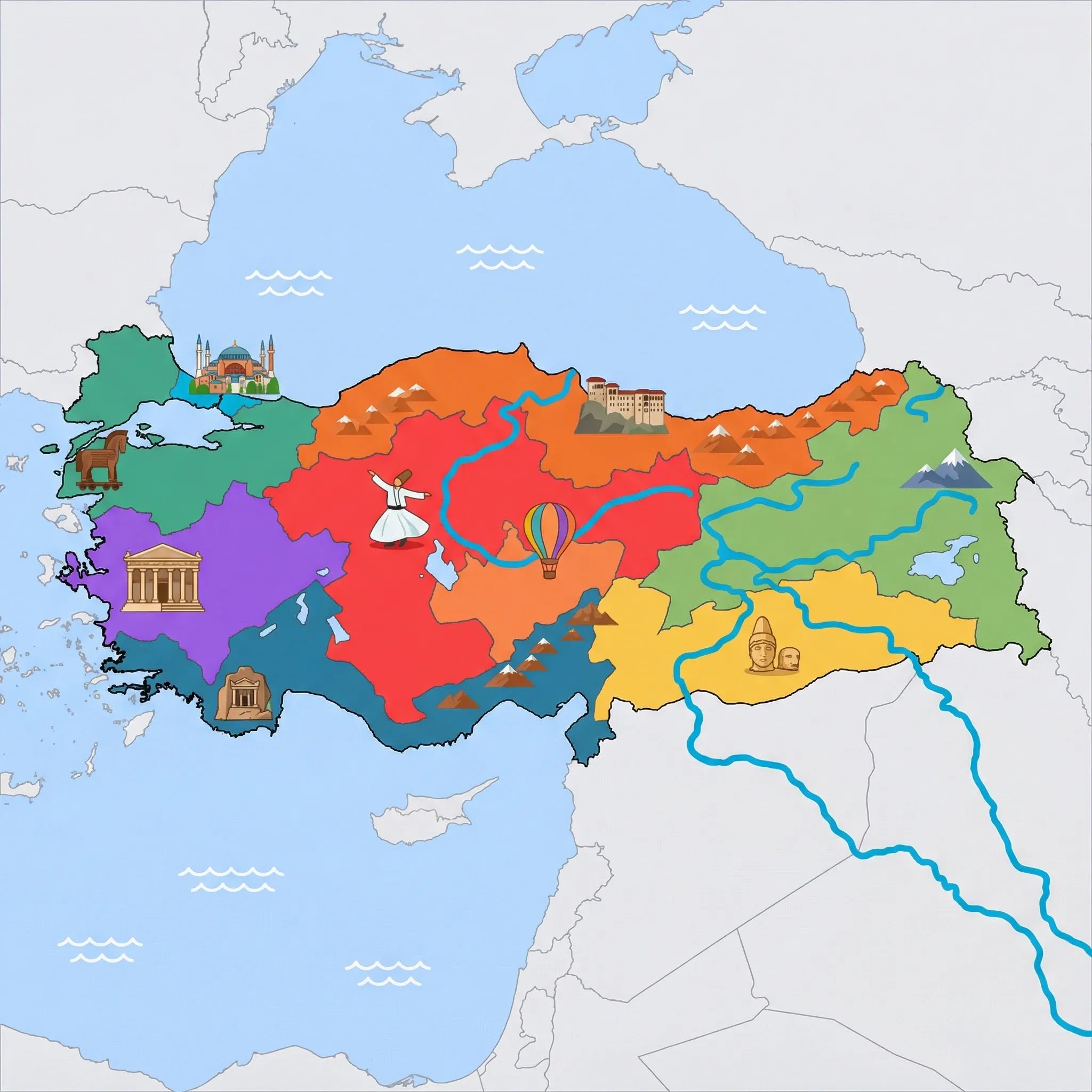 Colourful illustrated map of Turkey showing 9 tourist regions including Central Anatolia, Southeastern Anatolia, and Aegean Coast, decorated with iconic landmarks like Whirling Dervish, Nemrut Stone Heads, Library of Celsus, Hagia Sophia, and Mount Ararat, with geographic features including Turkey is defined by the Bosphorus Strait, the Taurus Mountains, the Pontic Mountains, and the Euphrates River.