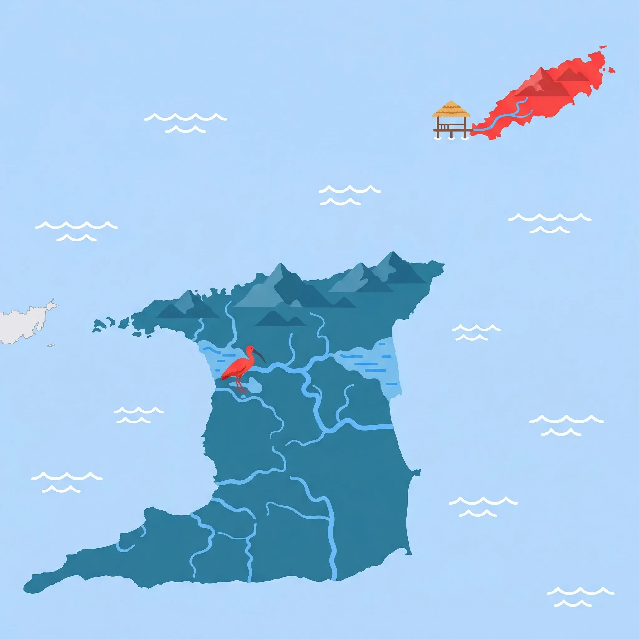 Colourful illustrated map of Trinidad and Tobago showing 2 tourist regions including Tobago, Trinidad, decorated with iconic landmarks like Pigeon Point Jetty and Scarlet Ibis, with geographic features including Northern Range, Main Ridge Forest Reserve, Gulf of Paria, and Pitch Lake.