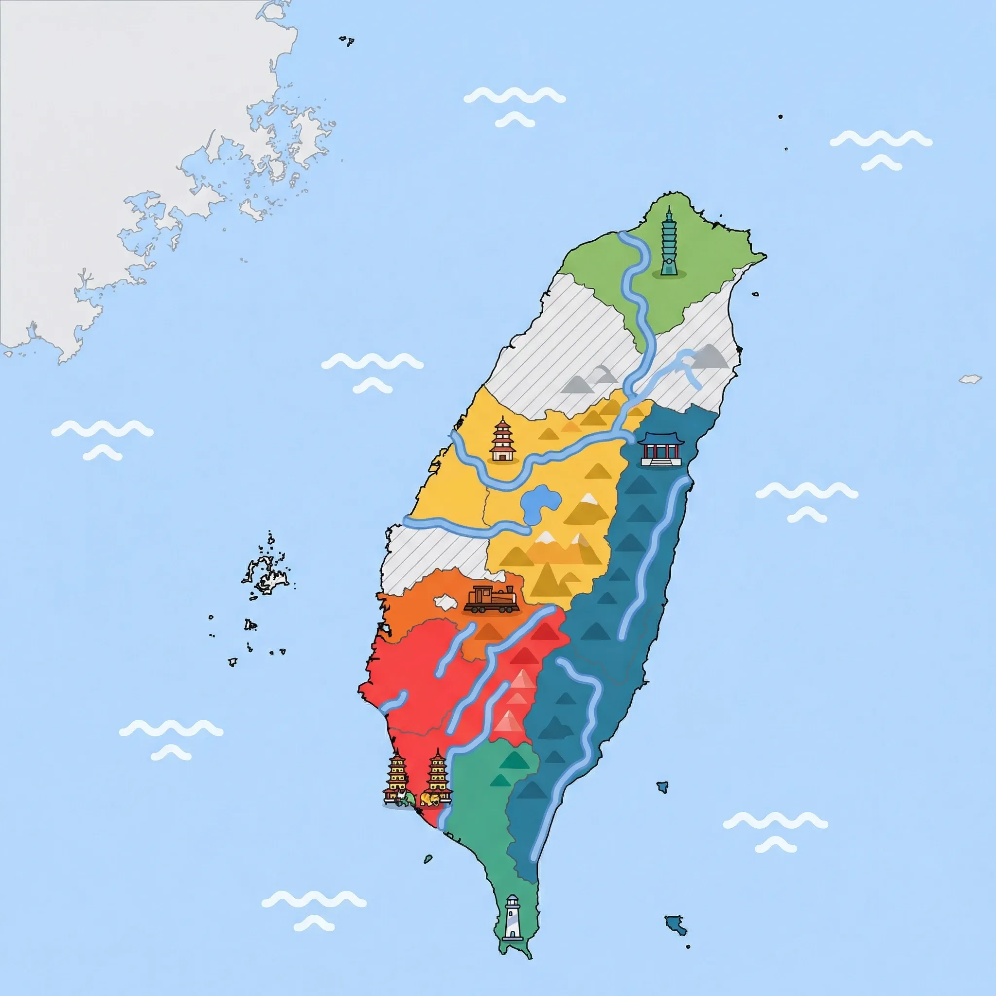 Colourful illustrated map of Taiwan showing 6 tourist regions including Taipei & North, Taroko Gorge & East Coast, and Kaohsiung & South, decorated with iconic landmarks like Taipei 101, Eternal Spring Shrine, Dragon and Tiger Pagodas, Eluanbi Lighthouse, and Alishan Forest Railway, with geographic features including Central Mountain Range, Yushan, Sun Moon Lake, and Taroko Gorge.