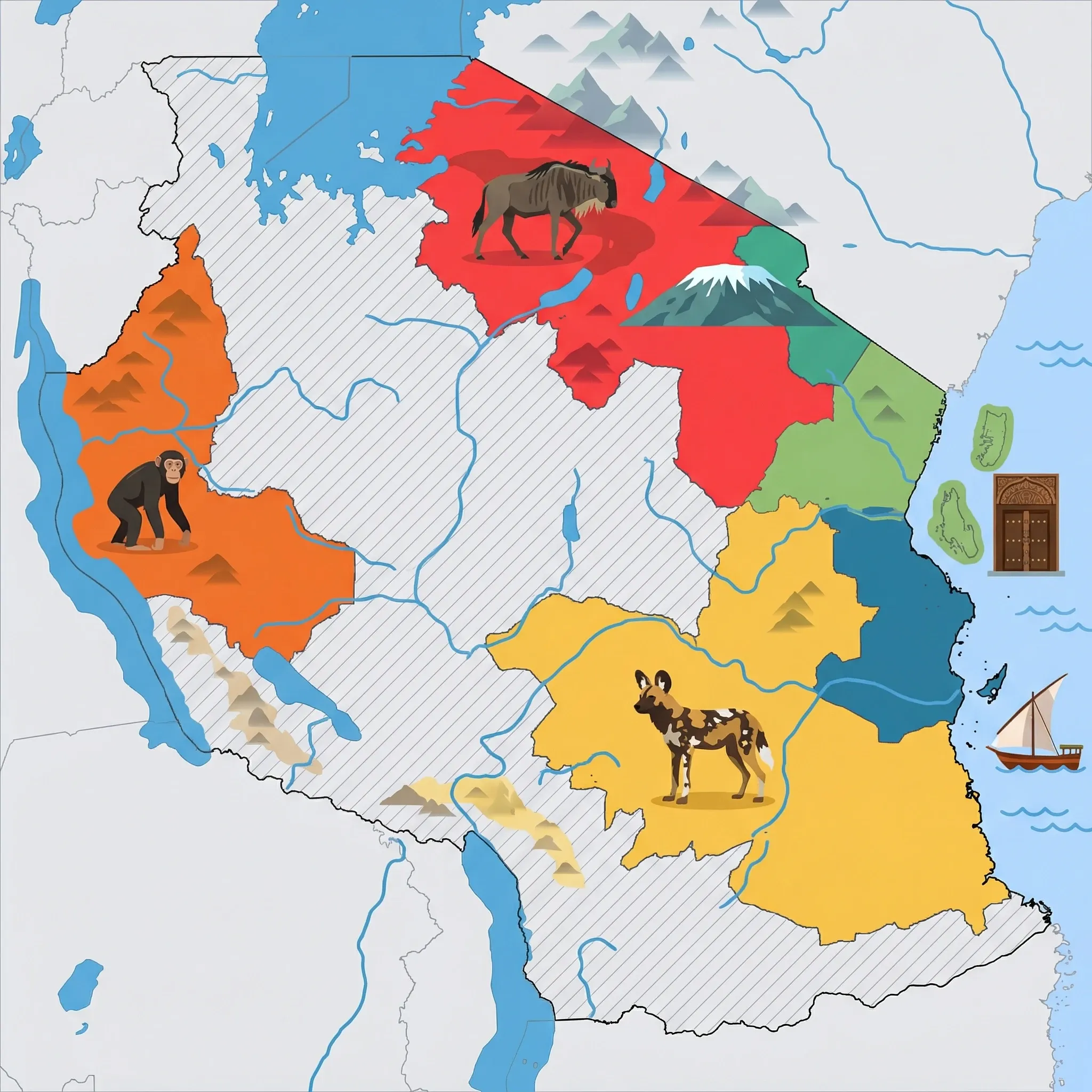Colourful illustrated map of Tanzania showing 6 tourist regions including Zanzibar, Serengeti & Northern Circuit (Serengeti, Ngorongoro, Lake Manyara), and Western Tanzania (Mahale, Gombe - chimps), decorated with iconic landmarks like Carved Stone Town Door, Migrating Wildebeest, Chimpanzee, African Wild Dog, and Traditional Swahili Dhow, with geographic features including Mount Kilimanjaro, Lake Victoria, Lake Tanganyika, and Ngorongoro Crater.