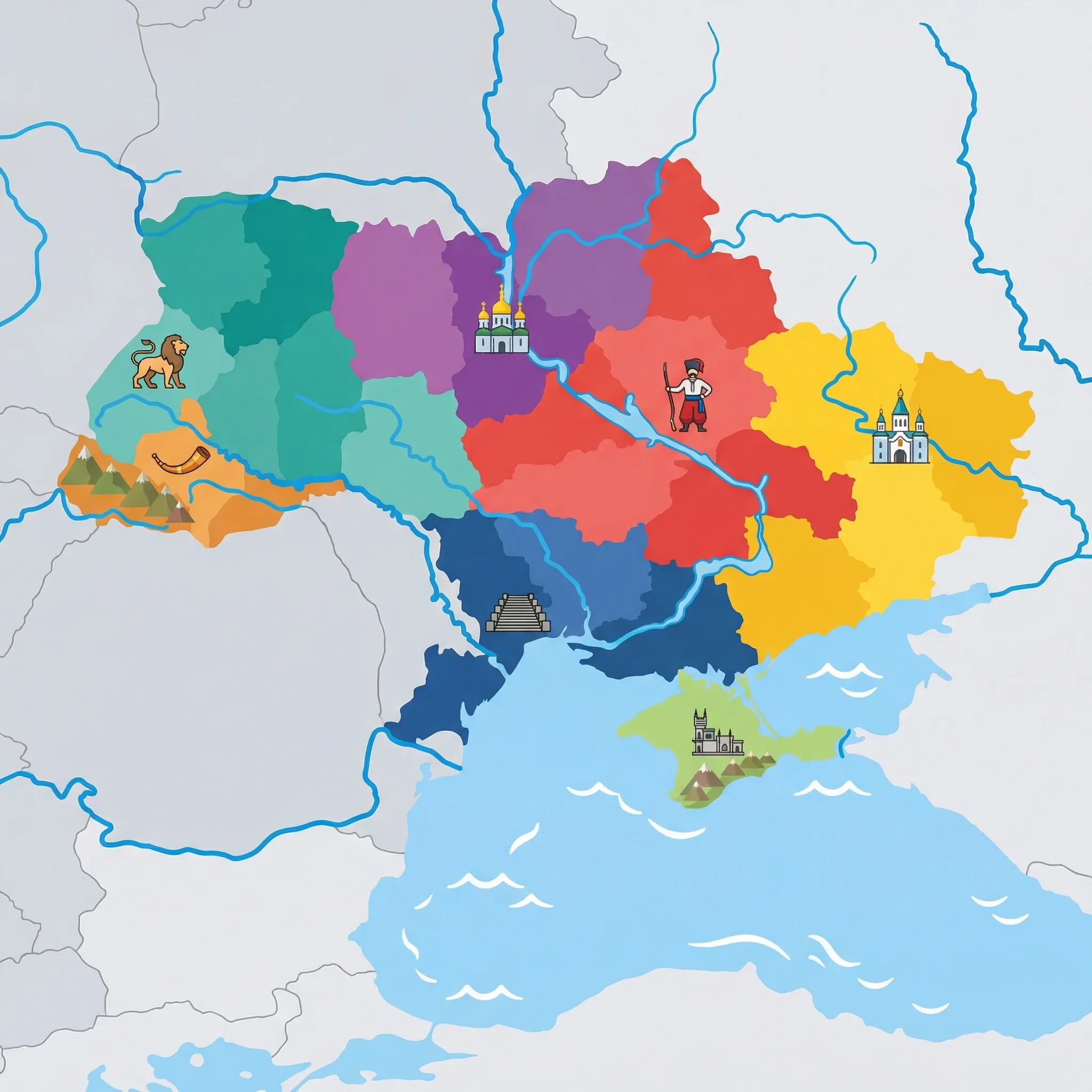 Colourful illustrated map of Ukraine showing 7 tourist regions including Crimea (currently occupied; not accessible), Central Ukraine (Dnipro), and Lviv & Western Ukraine, decorated with iconic landmarks like Swallow's Nest Castle, Cossack Warrior, Lion of Lviv, Potemkin Stairs, and Sviatohirsk Lavra, with geographic features including Dnipro River, Carpathian Mountains, Black Sea, and Crimean Mountains.