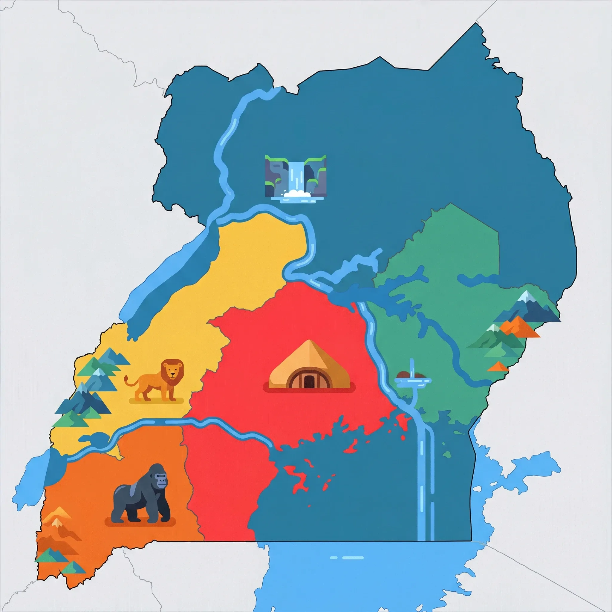 Colourful illustrated map of Uganda showing 5 tourist regions including Queen Elizabeth NP & Rwenzori, Murchison Falls & North, and Kampala & Central, decorated with iconic landmarks like Tree-climbing Lion, Murchison Falls, Kasubi Tombs, Source of the Nile, and Mountain Gorilla, with geographic features including Lake Victoria, Victoria Nile, Rwenzori Mountains, and Mount Elgon.
