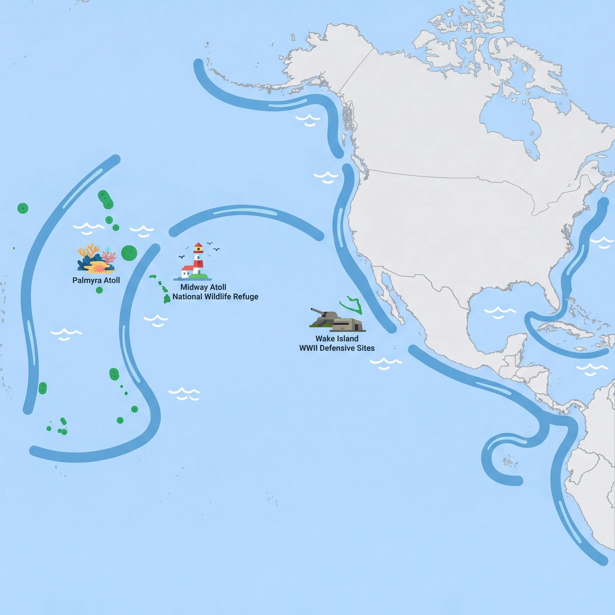 Colourful illustrated map of United States Minor Outlying Islands showing 1 tourist regions including United States Minor Outlying Islands, decorated with iconic landmarks like Palmyra Atoll Coral Reefs, Midway Atoll National Wildlife Refuge, and Wake Island WWII Defensive Sites, with geographic features including Midway Atoll, Wake Island, Palmyra Atoll, and Kingman Reef.
