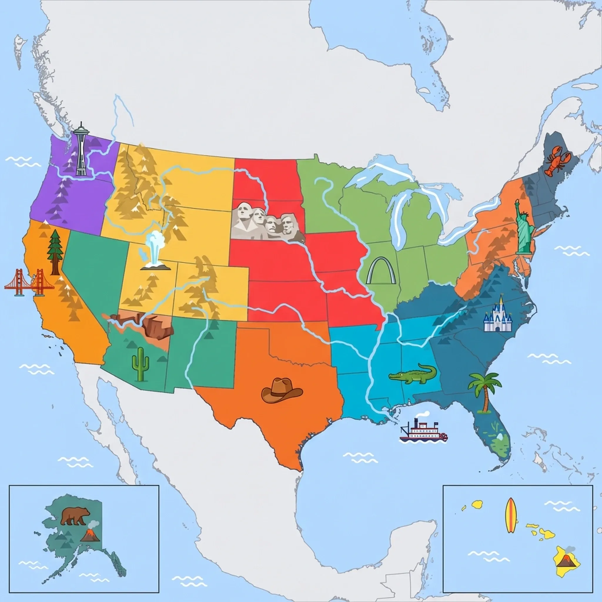 Colourful illustrated map of United States showing 13 tourist regions including Hawaii, Mountain West & Rockies, and Pacific Northwest, decorated with iconic landmarks like Surfboard, Volcano, Old Faithful Geyser, Space Needle, and Golden Gate Bridge, with geographic features including Rocky Mountains, Mississippi River, Great Lakes, and Grand Canyon.