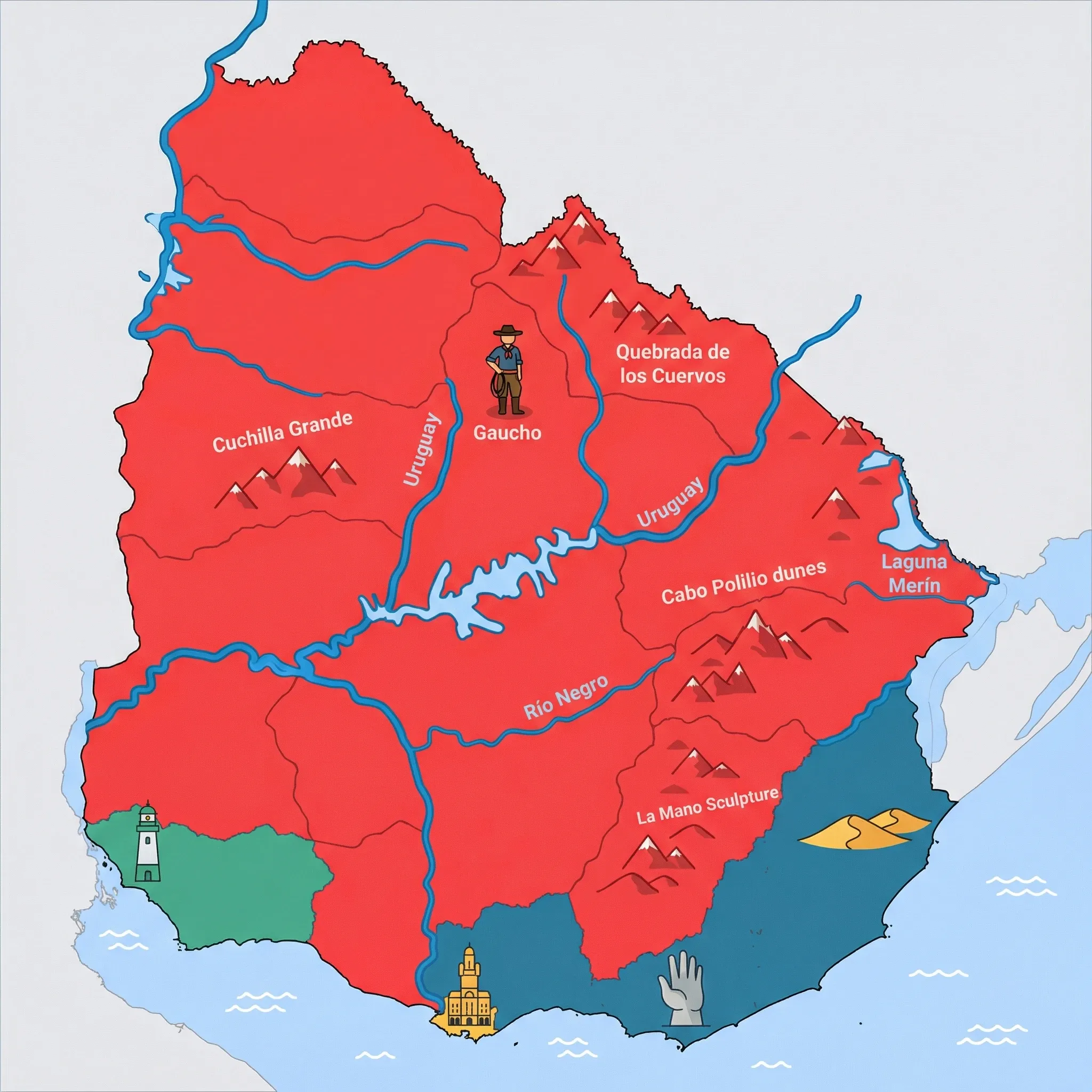 Colourful illustrated map of Uruguay showing 4 tourist regions including Montevideo, Punta del Este & East Coast, and Colonia del Sacramento, decorated with iconic landmarks like Palacio Salvo, La Mano Sculpture, Historic Lighthouse, and Traditional Gaucho, with geographic features including Río de la Plata, Uruguay River, Río Negro, and Cuchilla Grande.