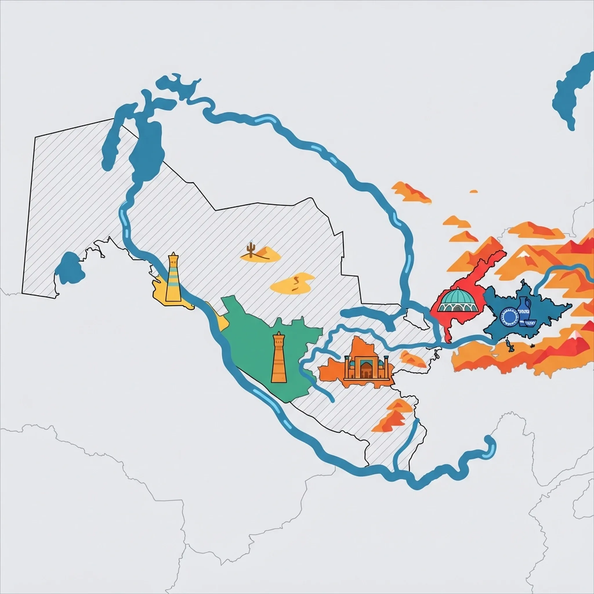 Colourful illustrated map of Uzbekistan showing 5 tourist regions including Tashkent, Fergana Valley, and Khiva, decorated with iconic landmarks like Chorsu Bazaar Dome, Rishtan Blue Ceramics, Kalta Minor Minaret, Kalyan Minaret, and Registan Square, with geographic features including Amu Darya, Syr Darya, Kyzylkum Desert, and Tien Shan Mountains.