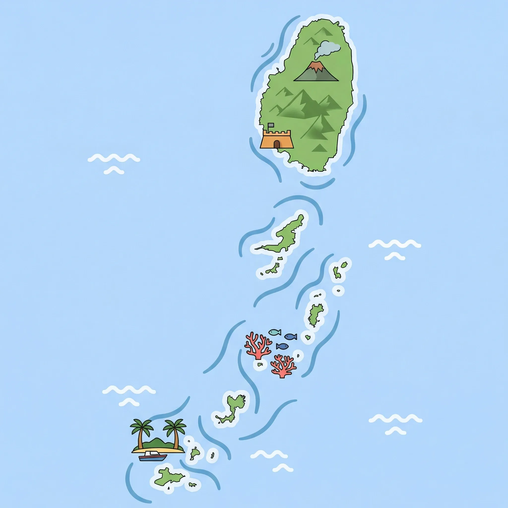 Colourful illustrated map of Saint Vincent and the Grenadines showing 1 tourist regions including St Vincent and the Grenadines, decorated with iconic landmarks like La Soufrière Volcano, Tobago Cays Marine Park, Fort Charlotte, and Saltwhistle Bay, with geographic features including La Soufrière Volcano, Grenadine Islands, Tobago Cays Marine Park, and Caribbean Sea.