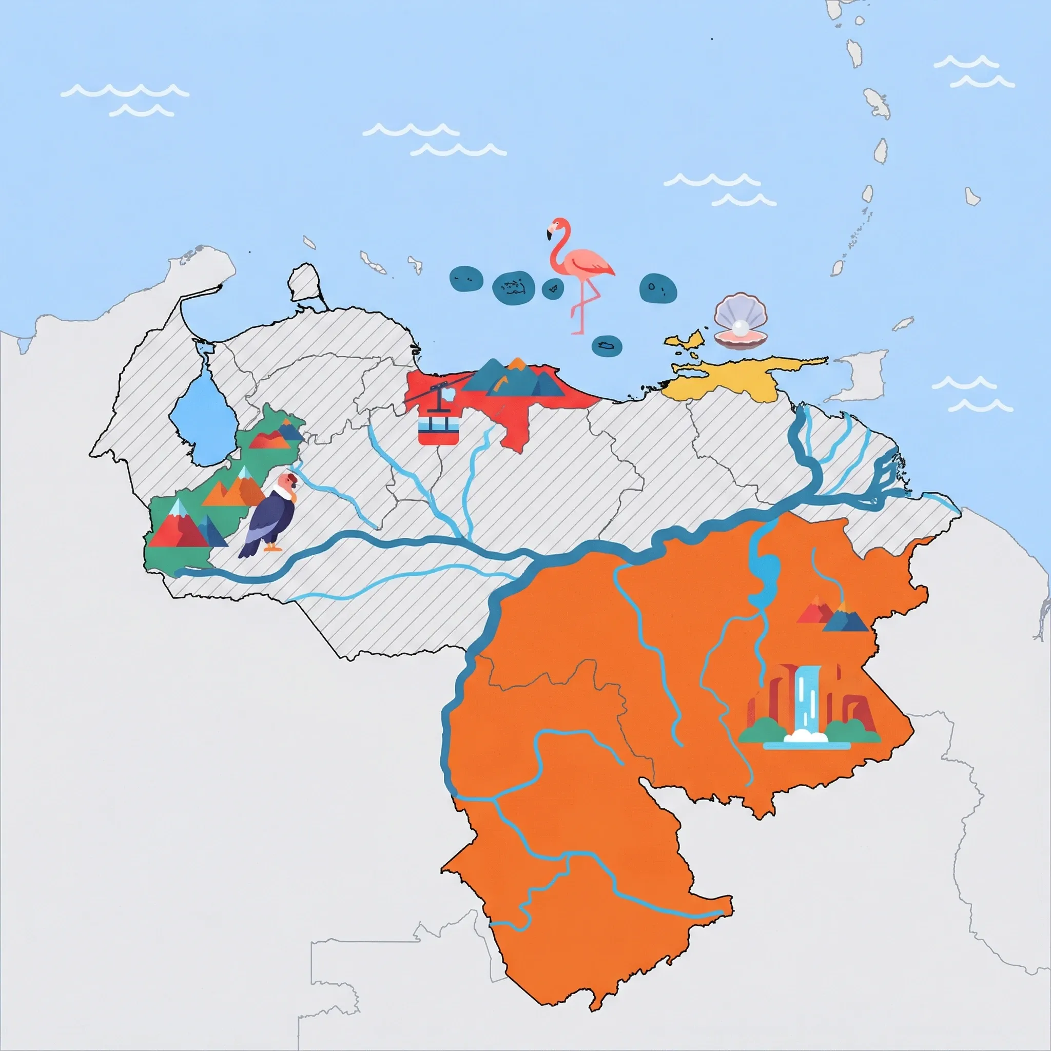 Colourful illustrated map of Venezuela showing 5 tourist regions including Caracas, Los Roques & Islands, and Margarita Island, decorated with iconic landmarks like Mount Ávila Cable Car, Caribbean Pink Flamingo, Pearl Oyster, Andean Condor, and Angel Falls Waterfall, with geographic features including Orinoco River, Lake Maracaibo, Sierra Nevada de Mérida, and Guiana Highlands.