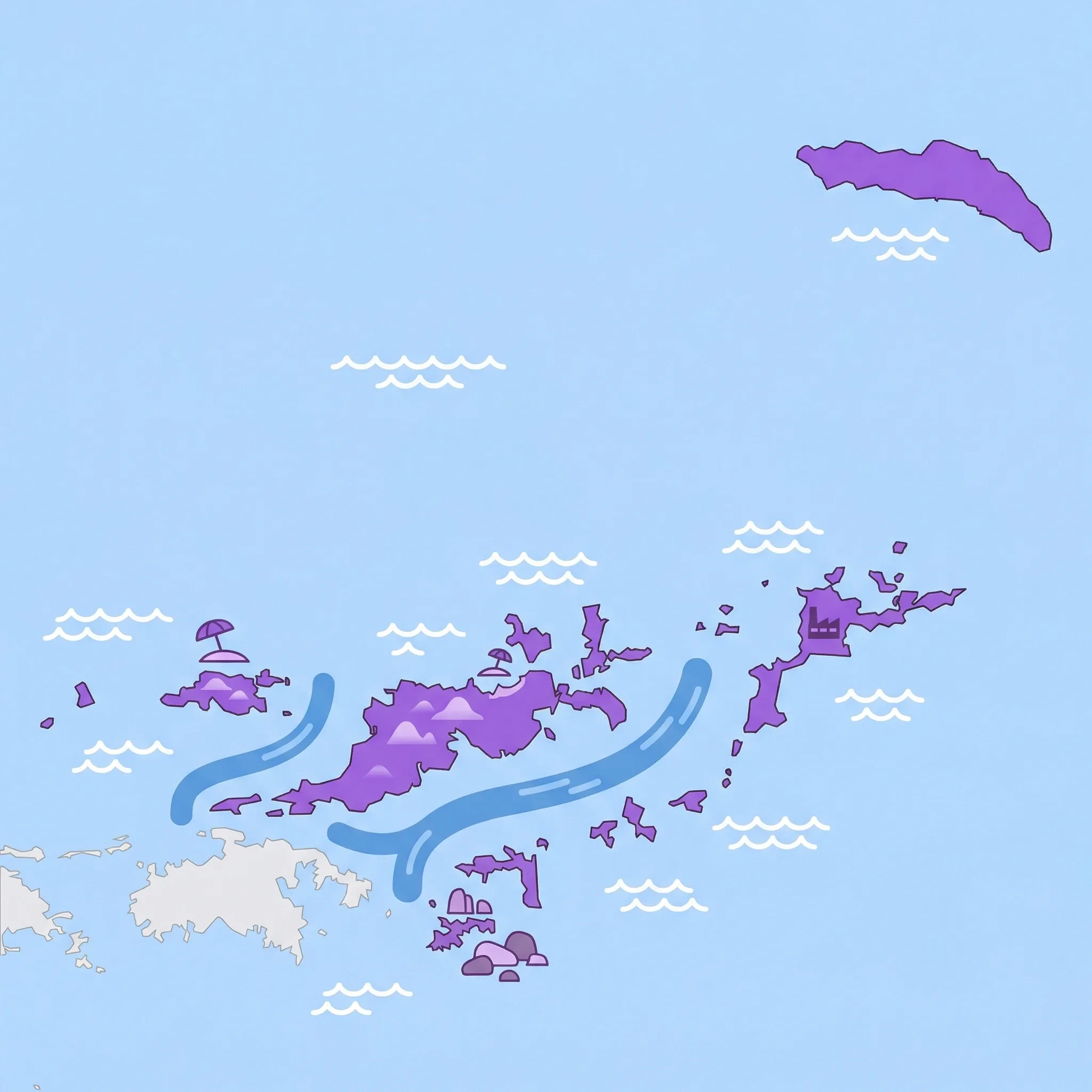 Colourful illustrated map of British Virgin Islands showing 1 tourist regions including British Virgin Islands, decorated with iconic landmarks like White Bay, Cane Garden Bay, The Baths National Park, and Copper Mine National Park, with geographic features including Sage Mountain, Sir Francis Drake Channel, Anegada Coral Reef, and Road Bay.
