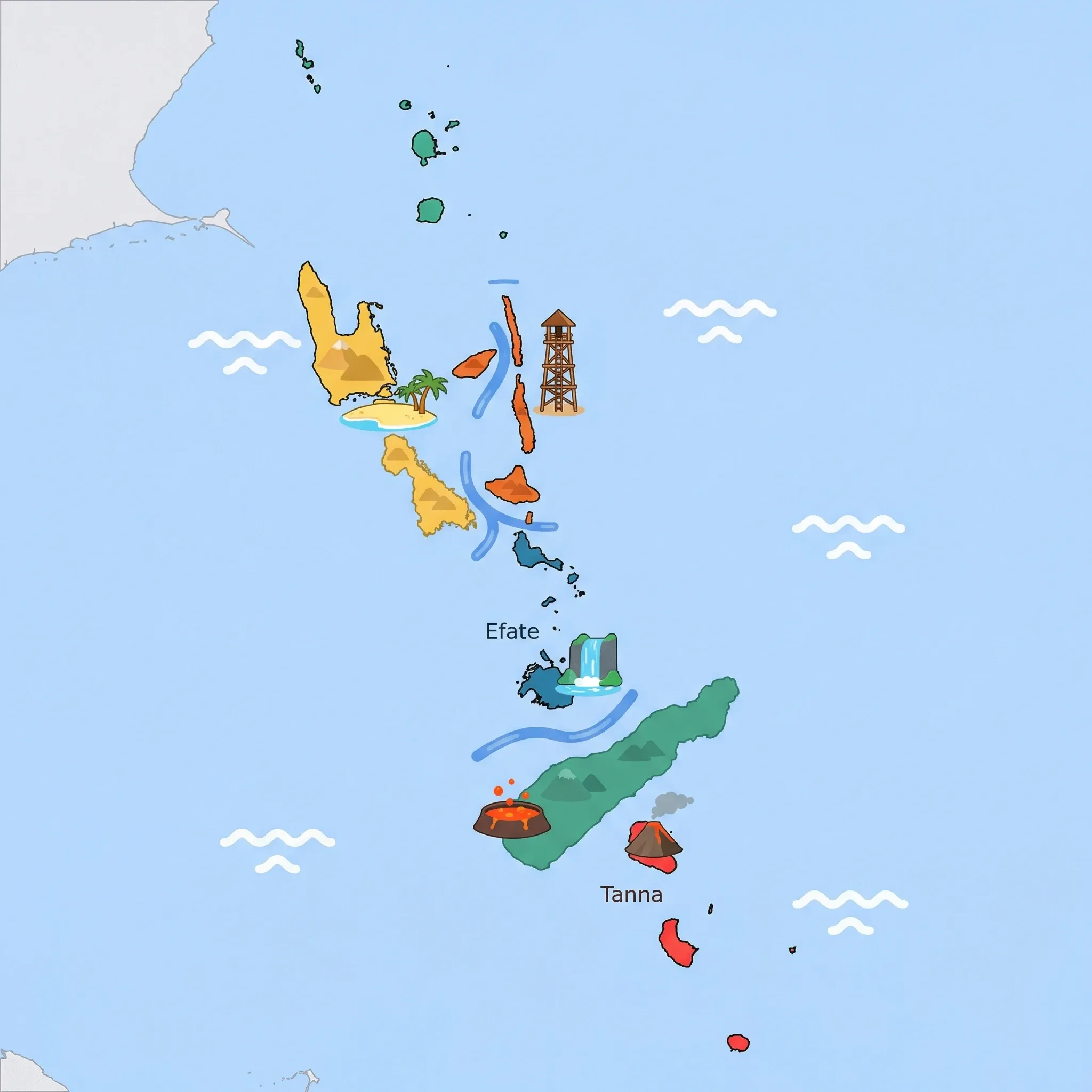Colourful illustrated map of Vanuatu showing 5 tourist regions including Efate (Port Vila), Tanna (volcano), and Espiritu Santo (diving, Blue Holes), decorated with iconic landmarks like Mele Cascades Waterfall, Mount Yasur Volcano, Champagne Beach, Mount Marum Lava Lake, and Nagol Land Diving Tower, with geographic features including Mount Tabwemasana, Mount Yasur, Mount Marum, and Coral Sea.